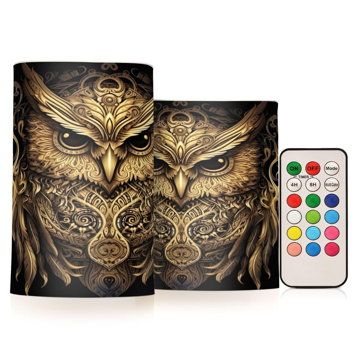 Jumbear A Vintage Owl Gold Led Candles Set Of 2,Flameless Candles 4" 5" Real Wax Battery Candle Pillars, 18 Key Remote Control With 24 Hour Timer Function