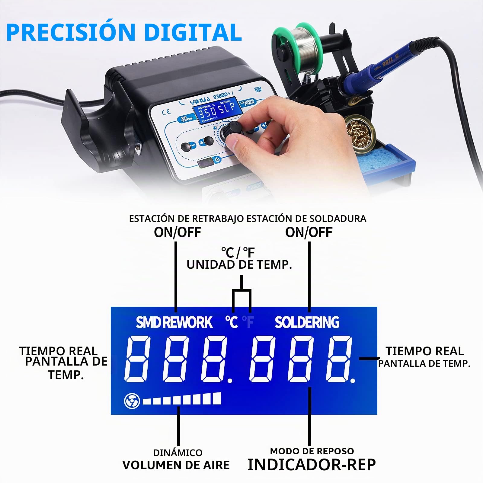 YIHUA 938BD + I Estación de soldadura y estación de retrabajo de aire caliente 2 en 1 con temperatura ajustable Inicio/parada de aire caliente Modo de suspensión Pantalla LCD