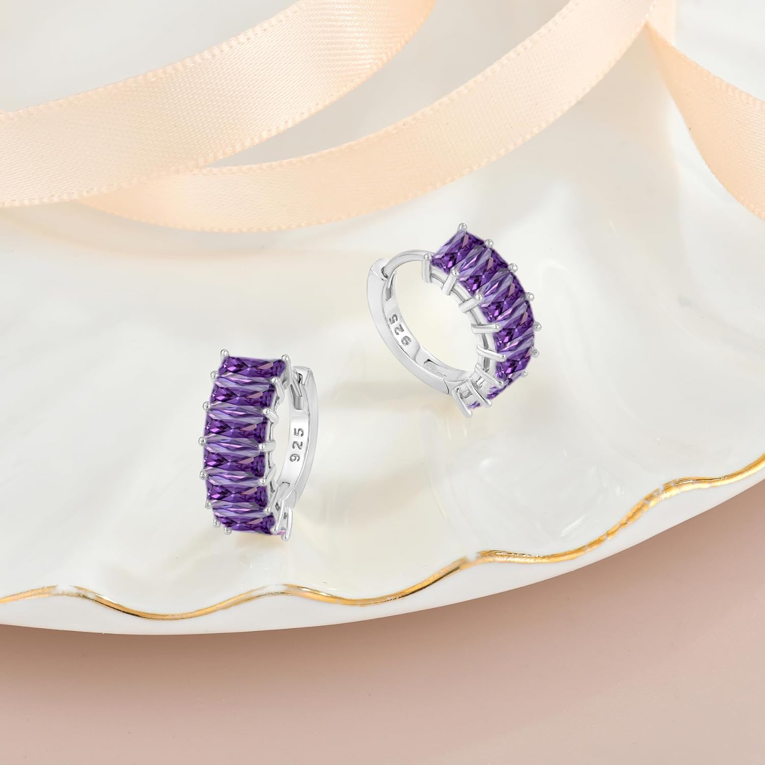 Gemstone Huggie Hoop Earrings, 925 Sterling Silver Baguette Hoop Earring Birthstone Jewelry Gift for Women - Image 4