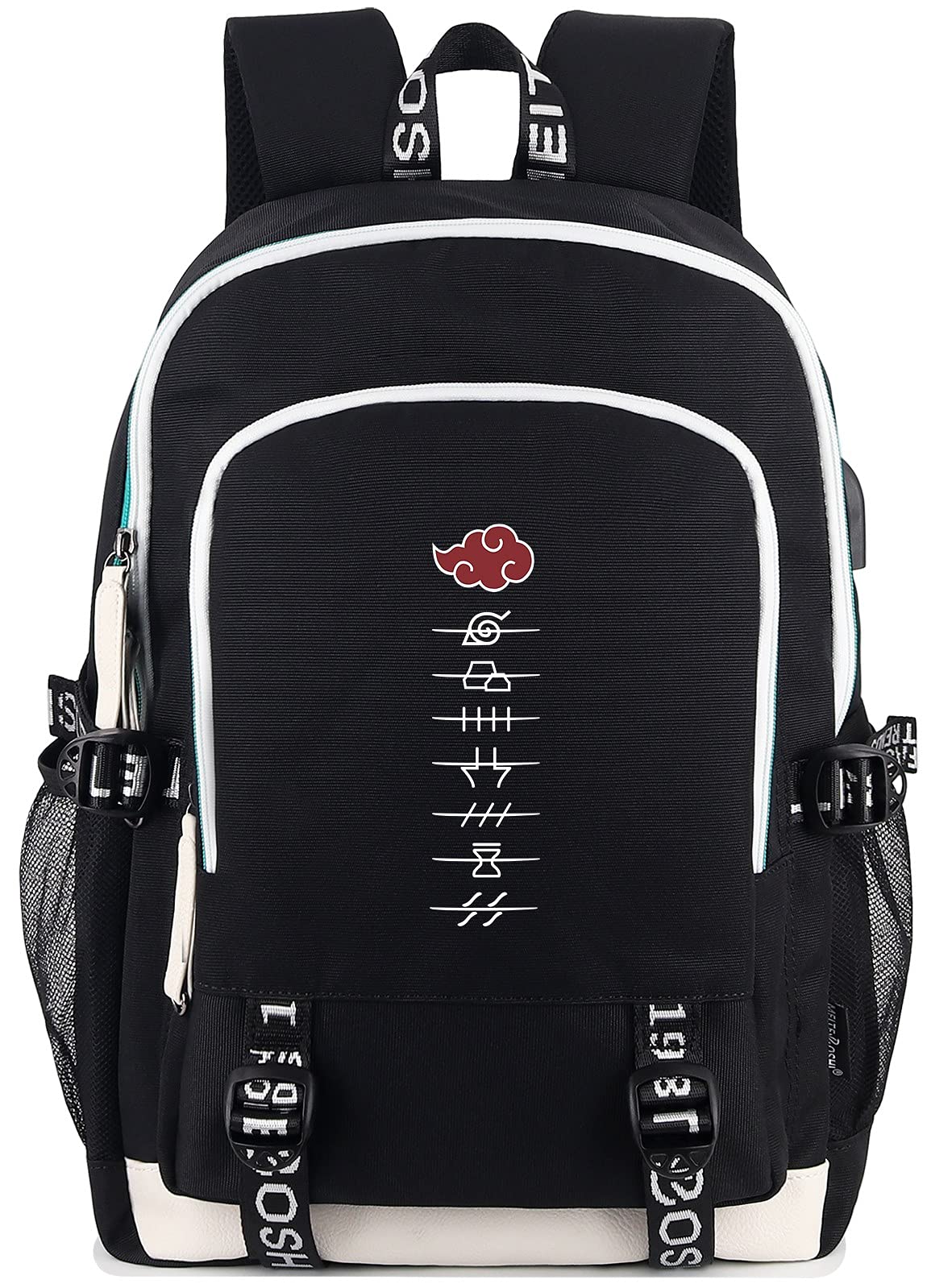 Roffatide Anime Sac à dos pour les fans de Naruto Symboles anti-village Akatsuki Sac à dos pour ordinateur portable avec port de charge USB et port casque