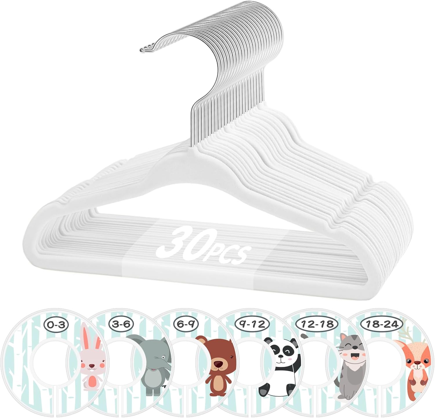 VIS'V Baby Hangers, 11 Inch Velvet Kids Hangers with 6 Pcs Clothes Size Dividers, Infant Toddler Nursery Closet Organization, Non Slip, White, 30 Pcs