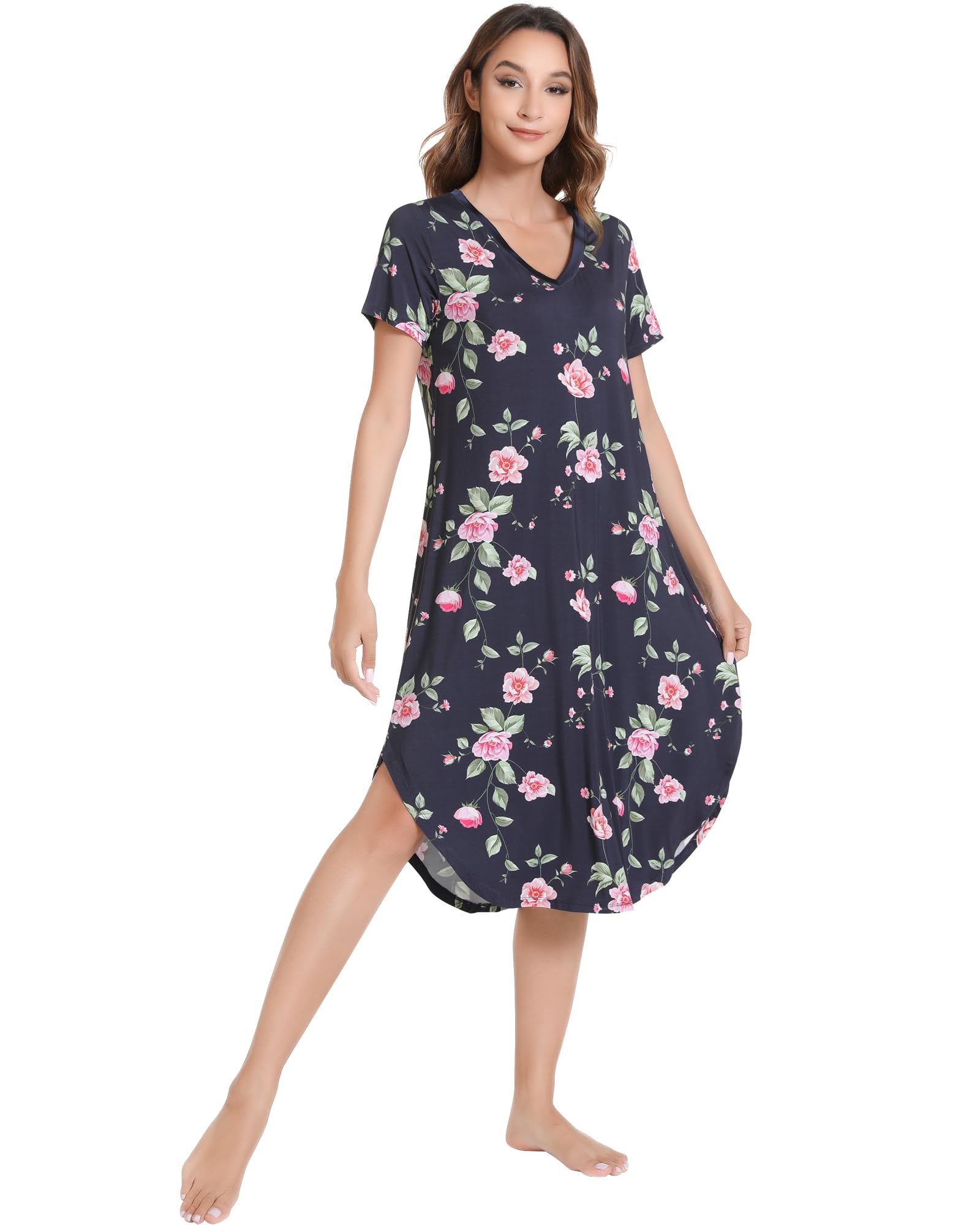 NACHILA Bamboo Viscose Nightgowns for Women Cooling Short Sleeve Sleepshirt | Soft V Neck Night Gowns, Moisture-Wicking Sleepwear for Hot Flashes &amp; Night Sweats, Ladies Nightshirts for Sleep, Home, Gift