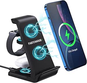 ORIA 3-i-1-laddare, 15 W trådlös mobiltelefonladdningsstation, induktiv trådlös laddare, snabb laddningsplatta, laddningsstativ för Qi-trådlösa enheter och Airpods iWatch (inklusive 1 m USB-kabel)