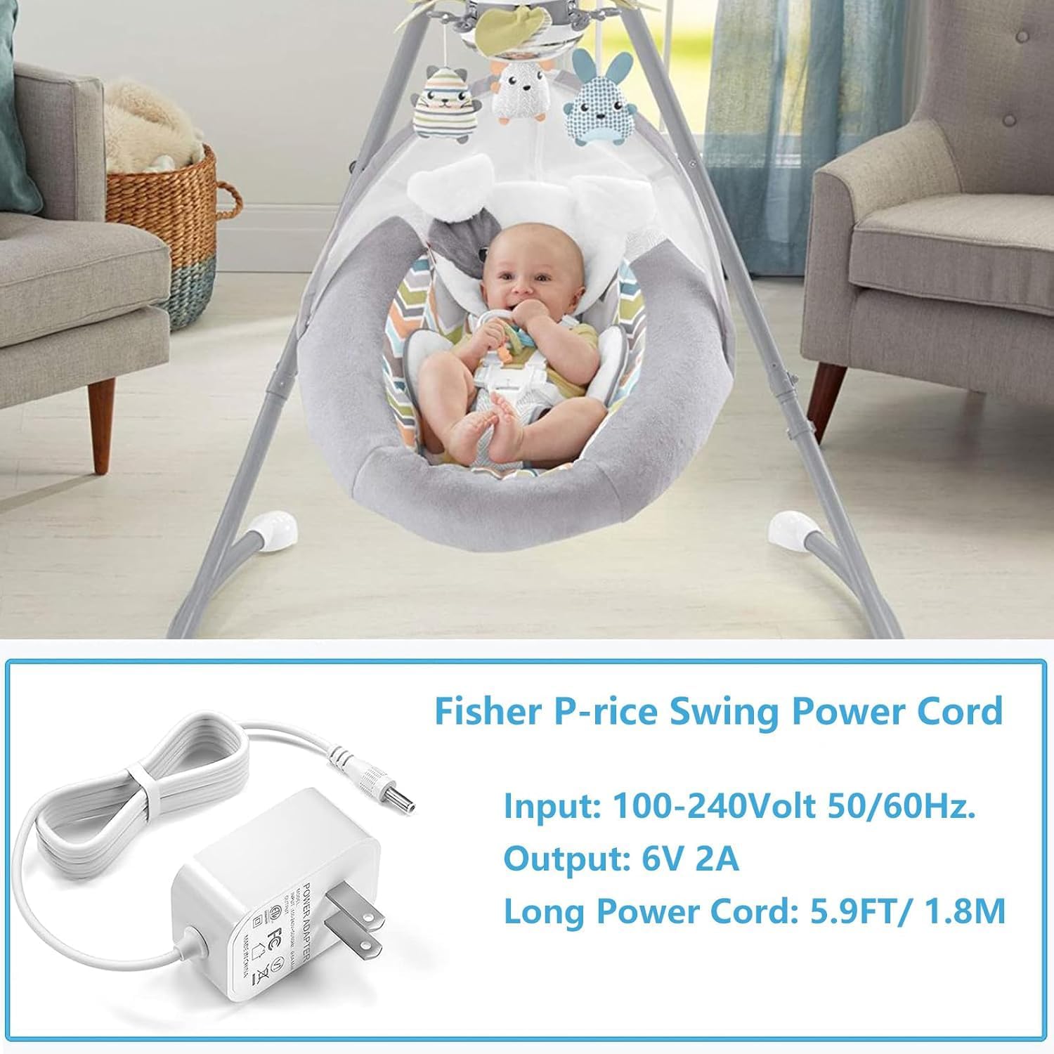 VHBW for Fisher Price Swing Adapter Cord 6V Power Cord for Fisher Price Ingenuity Cradle Swing, Rainforest Cradle Swing, Butterfly Ocean Wonders for Fisher Price Swing Power Adapter Cord 6.5FT