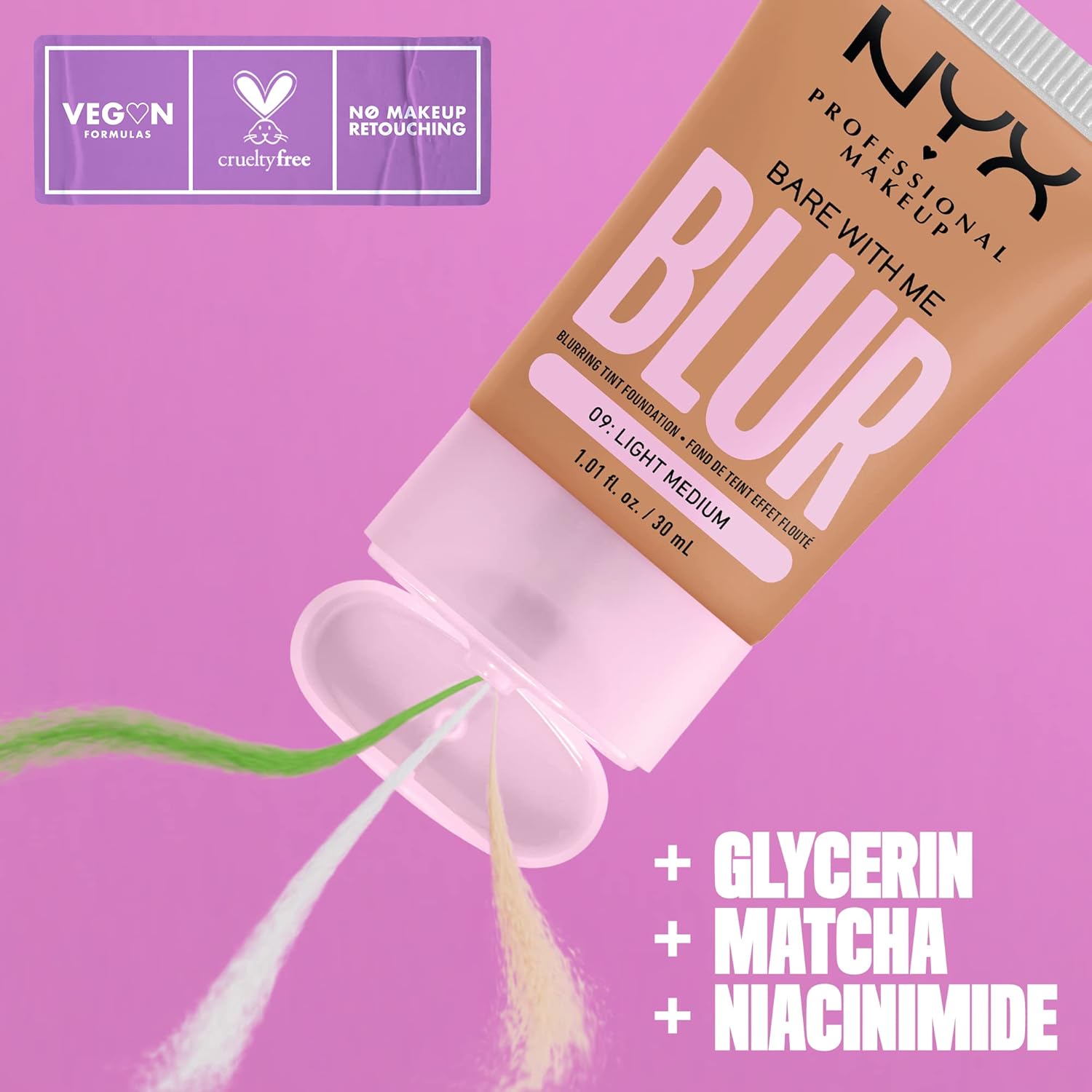 NYX PROFESSIONAL MAKEUP Bare With Me Blur Skin Tint Foundation Make Up with Matcha, Glycerin & Niacinamide - Light Medium