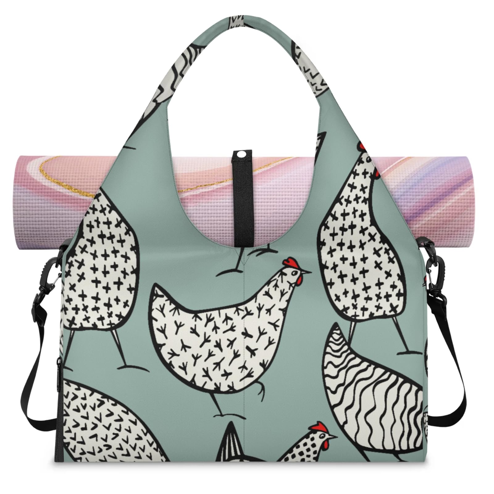 Eativisa Chicken Yoga Tote Bag - Women's Waterproof Gym Bag with Adjustable Shoulder Strap, Shoe Compartment, Multiple Pockets for Yoga Mat, Shoes (17.9 x 9.25 x 10.47 inches)