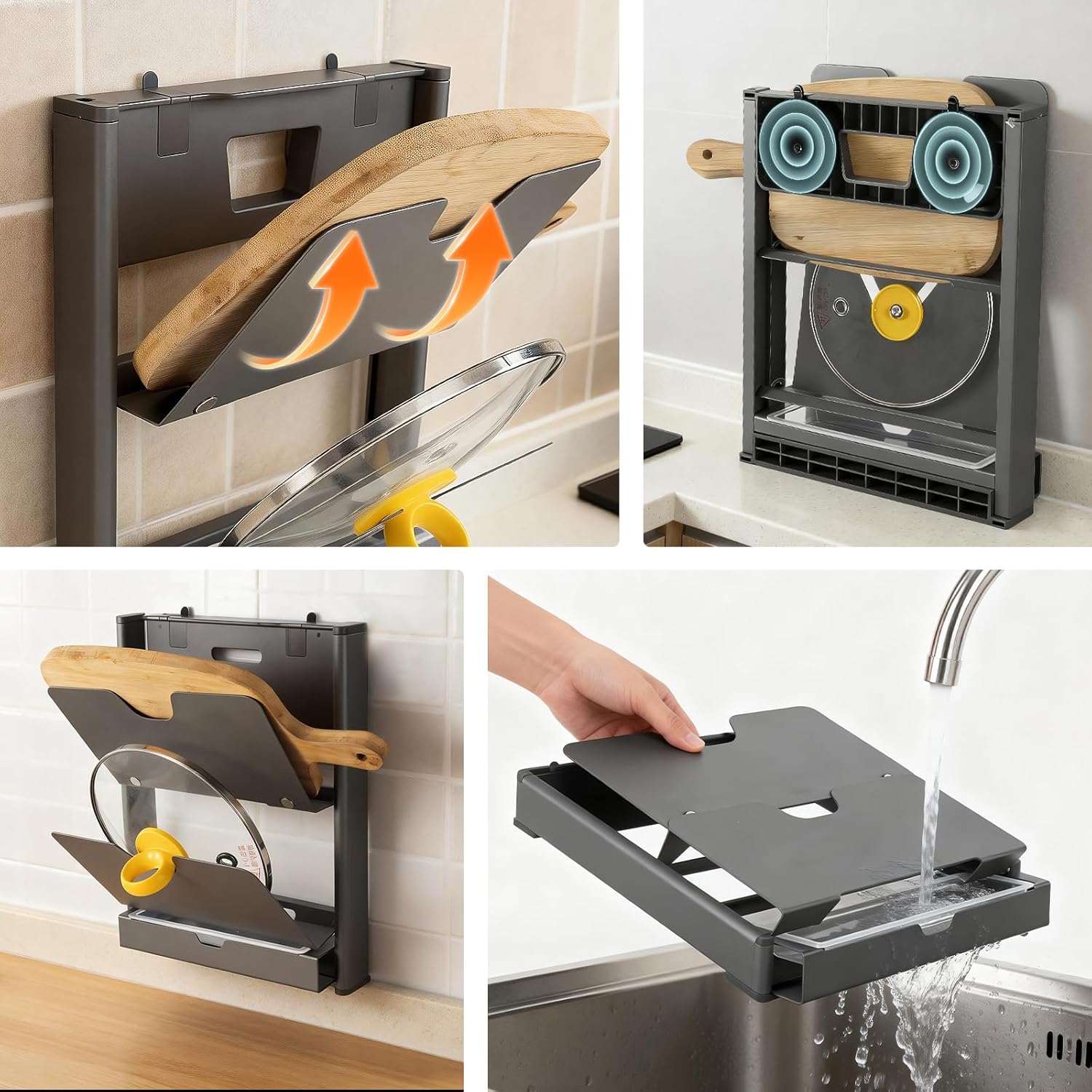 Wall Mounted Foldable Pot Lid Organizer, No-Drill Suction Cup Pot Lid Holder, Lid Organizer with Drainage Holes & Water Tray, Rust-Resistant Aluminum for Kitchen（Gray