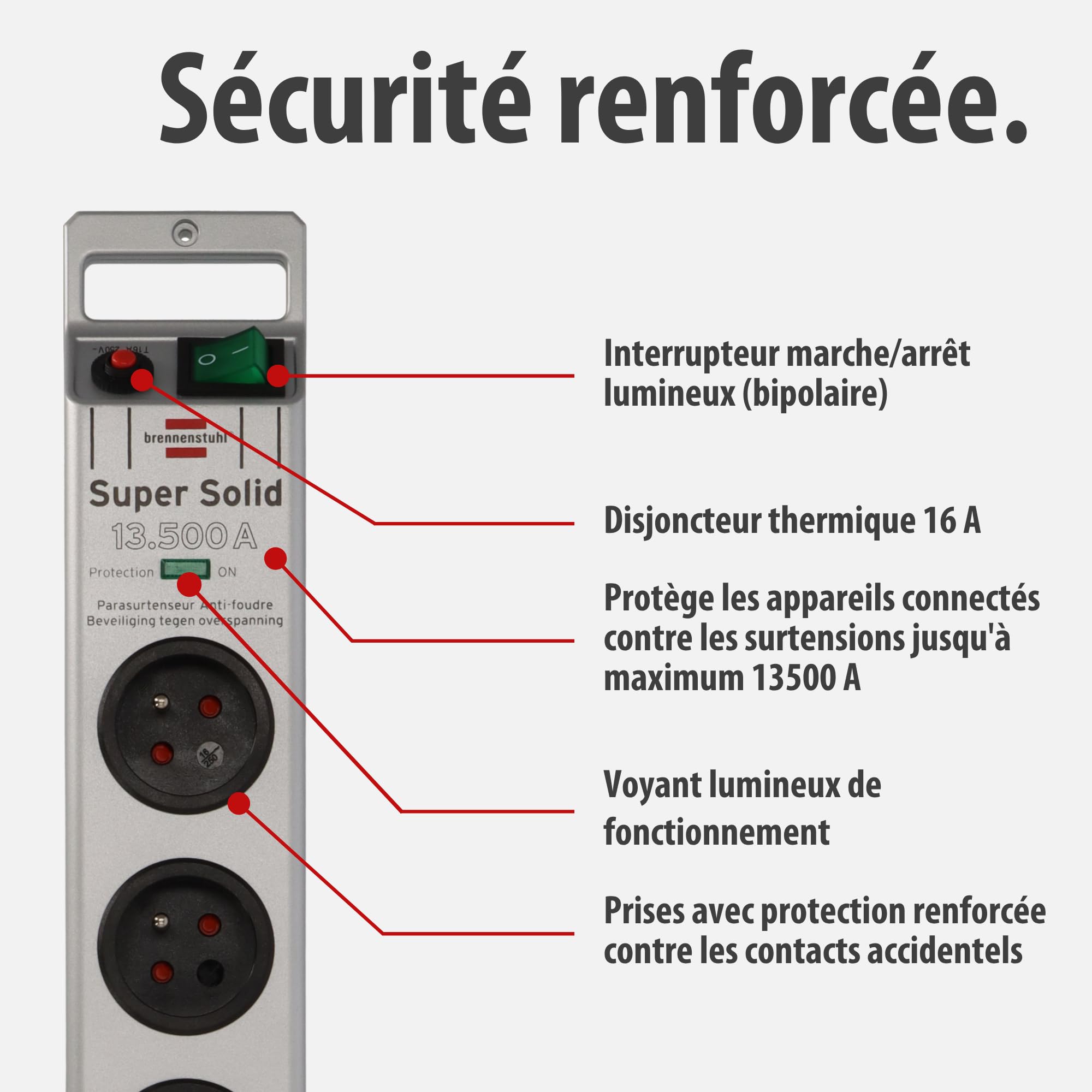 Brennenstuhl Multiprise Super-Solid avec Interrupteur et parasurtenseur 13500A (Bloc Prises orientées à 45 degrés, disjoncteur 16A, Voyant de Protection antifoudre, 2,5m H05VV-F, boîtier PC) Gris