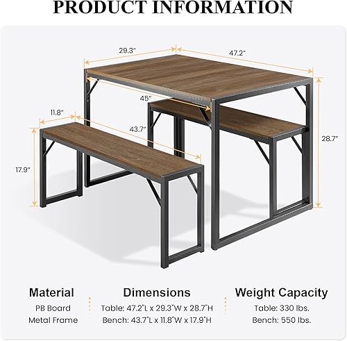 Miniatura 2 de SHA CERLIN Juego de mesa de comedor de cocina para 4 personas con bancos, comedor rústico pequeño que ahorra espacio, marco de metal resistente