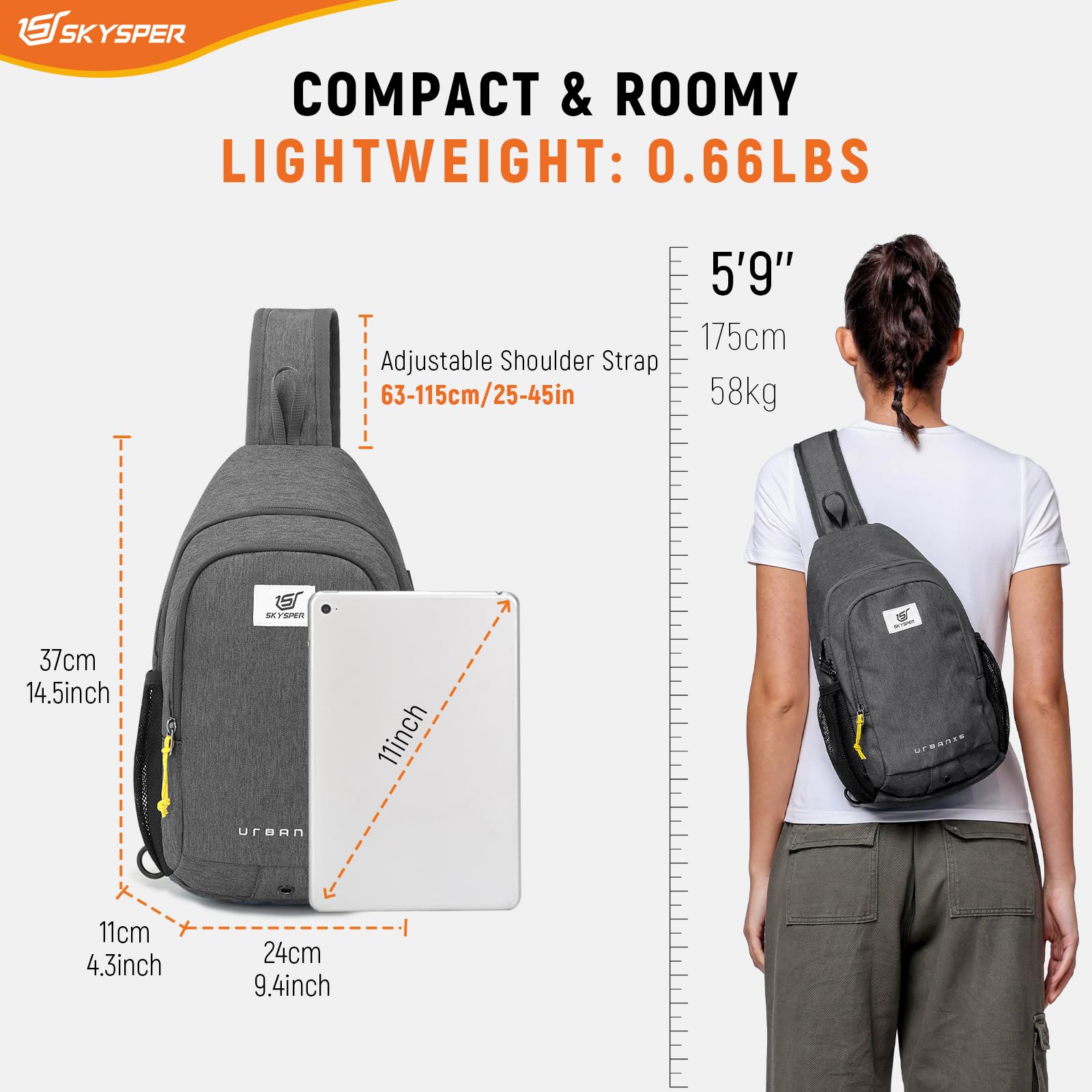 SKYSPER Zaino Monospalla con Protezione RFID, Borsello Monospalla Uomo Antifurto Borsa a Tracolla da Petto per Viaggio Passeggio Trekking