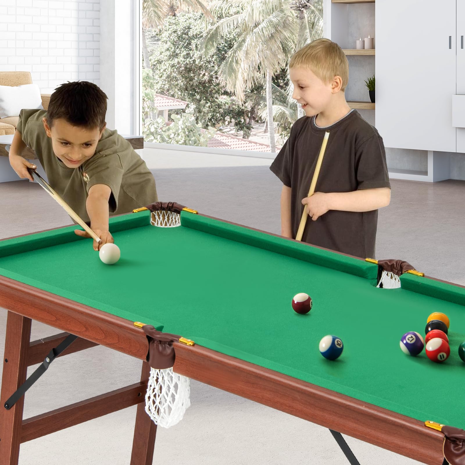 GOPLUS Klappbarer Billardtisch, Tragbarer Billiard Tisch mit 2 Queues, 2 Kreiden, 16 Bällen, Dreieck & Bürste, Freizeit-Pooltisch für Kinder und Erwachsene, 138 x 67 x 79,5 cm