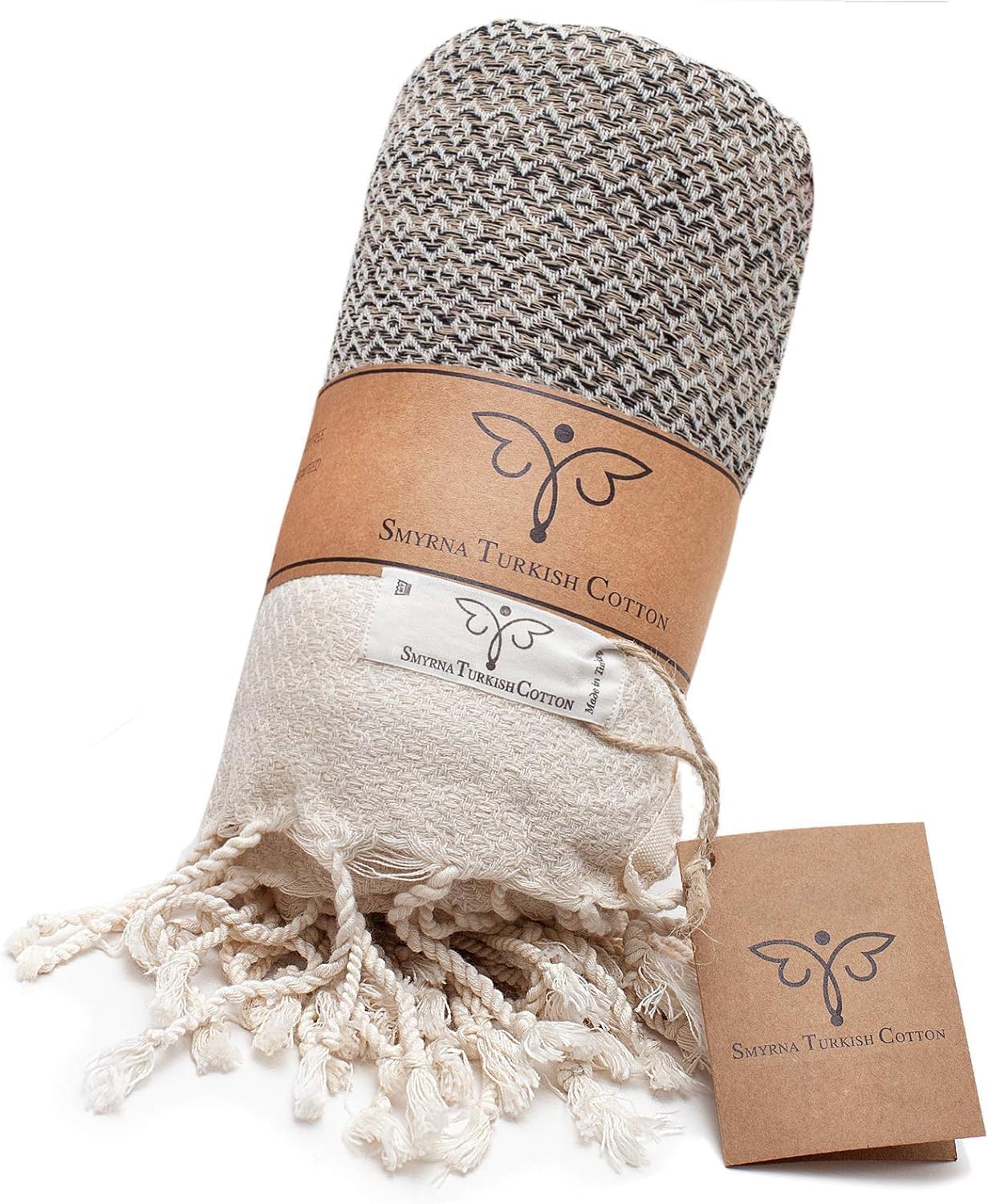 SMYRNA TURKISH COTTON Original Series Throw Blanket 100% Cotton|Large 152 x 205 cm Wearable Cosy Blanket|Made in Turkey|Machine Washable|Premium Luxury Striped Bath Towel&Picnic Rug-Beige