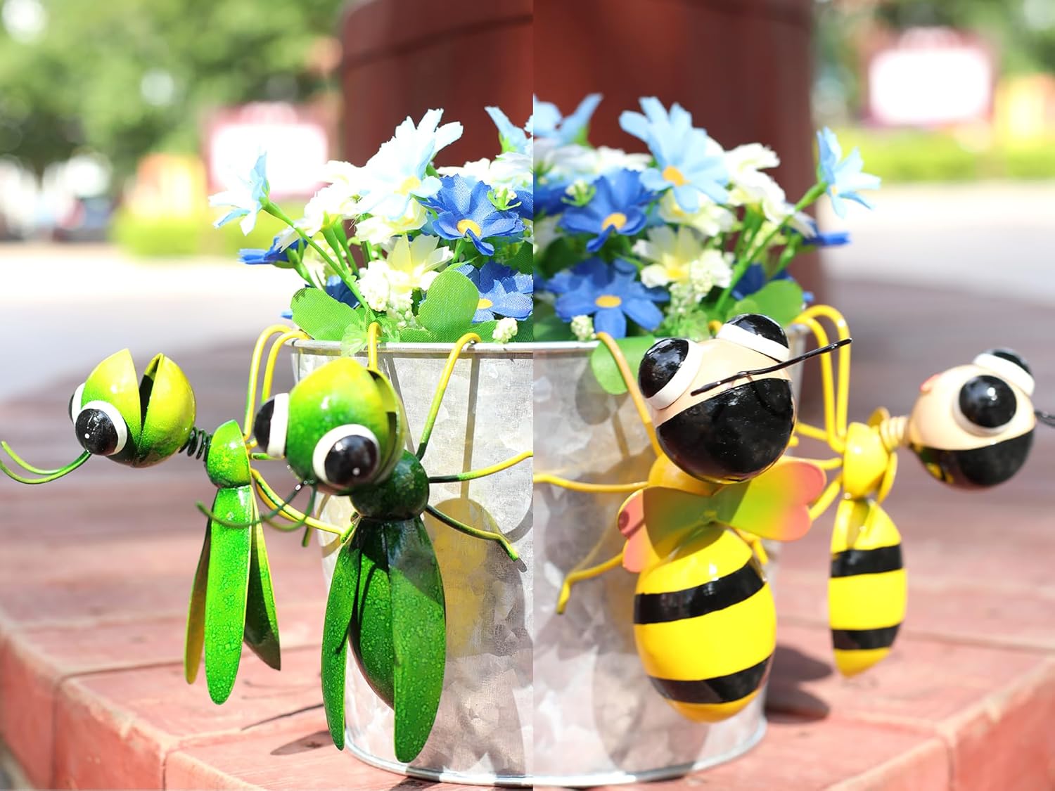 Cruis Cuka Metal Yard Art Garden Decor Cute Grasshopper & Bee Lawn Ornament Backyard Decorations ​Animal Hanging Flower Pot and Vase Hugger - Set of 4