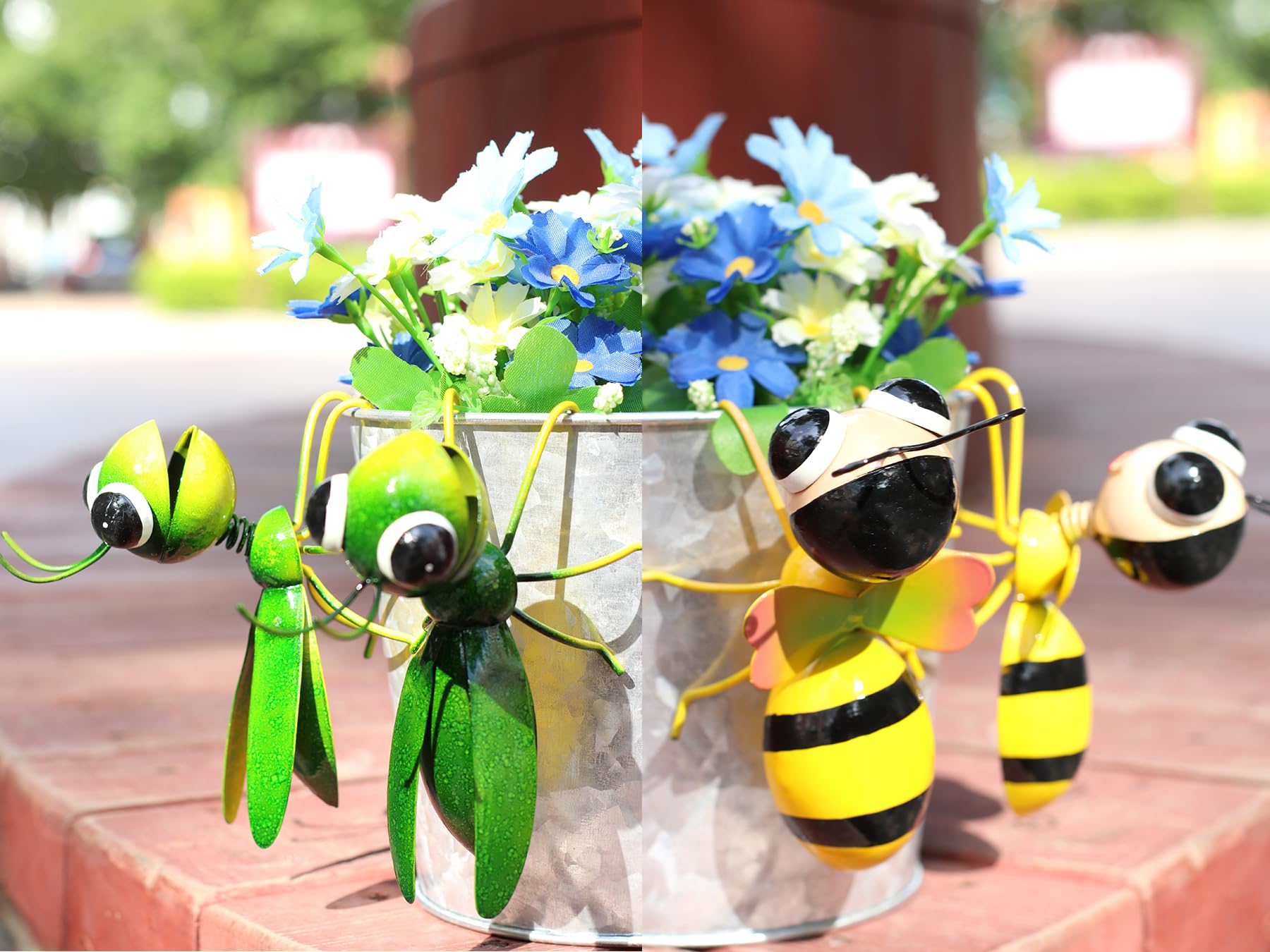 Cruis Cuka Metal Yard Art Garden Decor Cute Grasshopper & Bee Lawn Ornament Backyard Decorations ​Animal Hanging Flower Pot and Vase Hugger - Set of 4