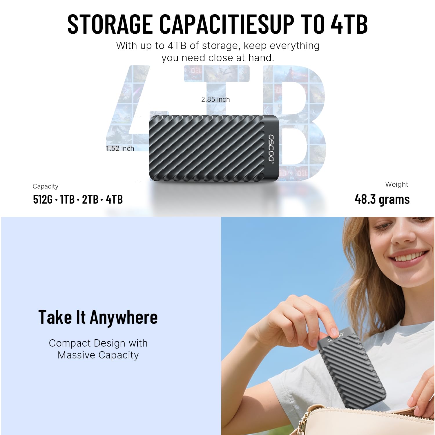 512GB Externo Portátil SSD, USB 3.2 Gen 2x2 SSD Externo, hasta 2000MB/s, Puertos Duales USB-C y USB-A, Disco Duro Sólido Externo Compatible con Portátiles, Tabletas, Cámaras