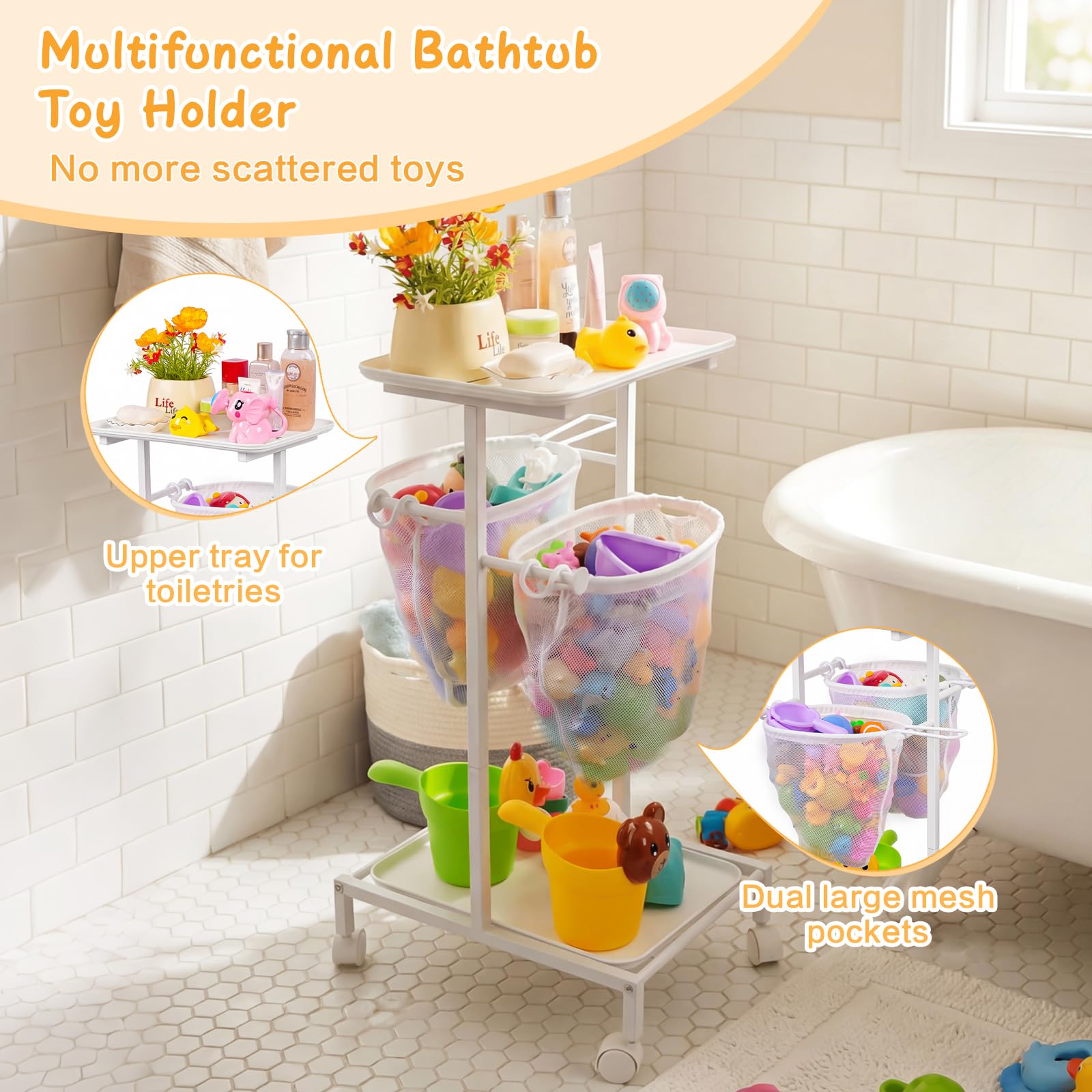 Organizador Juguetes de Baño - Carrito para Juguetes de Bañera con Ruedas | Carrito de almacenamiento para juguetes de baño de bebé, con 2 redes de secado rápido y estantes de ducha portátiles.