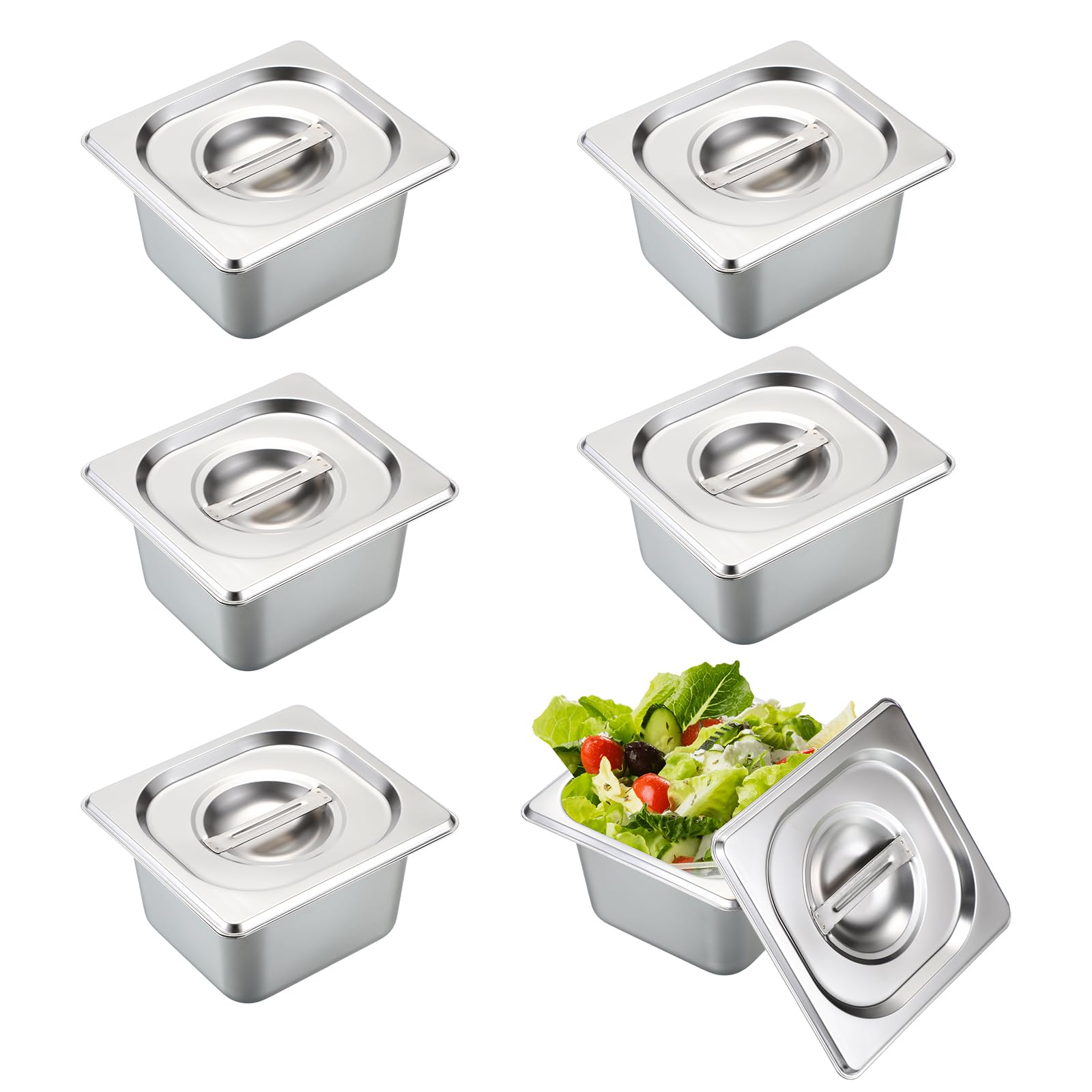 BSTKEY Confezione da 6 padelle profonde da 10,2 cm con coperchi, pentole da tavolo a vapore in acciaio inox, impilabili, per catering, padelle commerciali per cucina, ristorante, buffet, forniture per