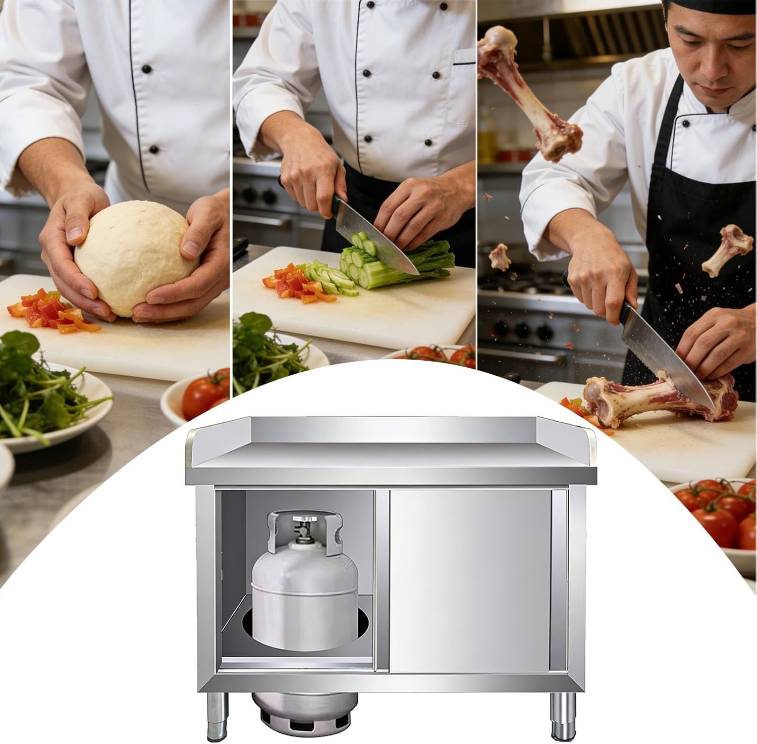 Three-Sided Workbench with Stainless Steel Sliding Doors Worktable Fully Welded Construction Spacious Storage for Gas Cylinders Metal Kitchen Prep Counter Adjustable Feet(100x60x80cm)