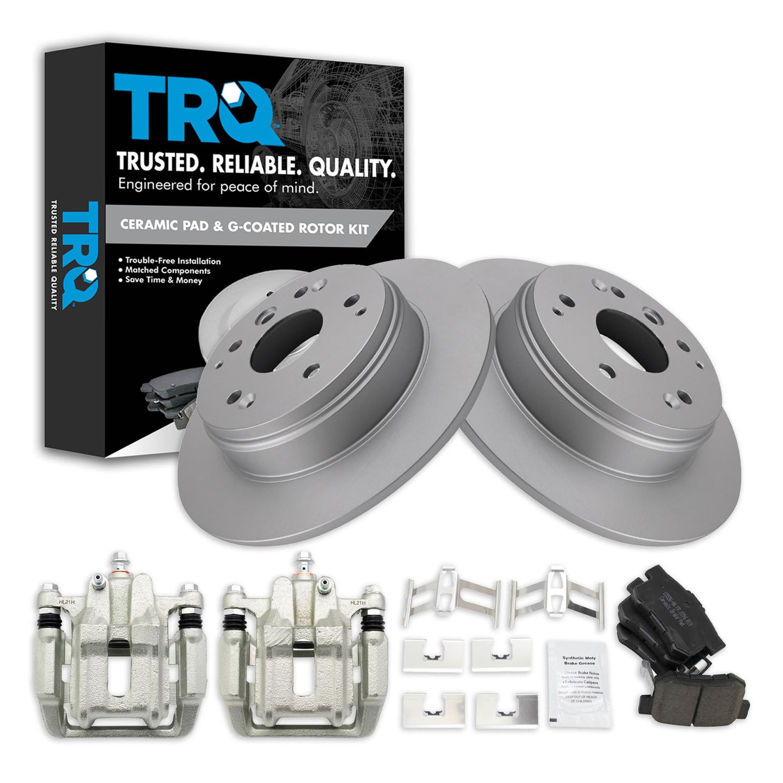 TRQ Rear Brake Pad and Rotor Set Ceramic Solid Rotors Calipers