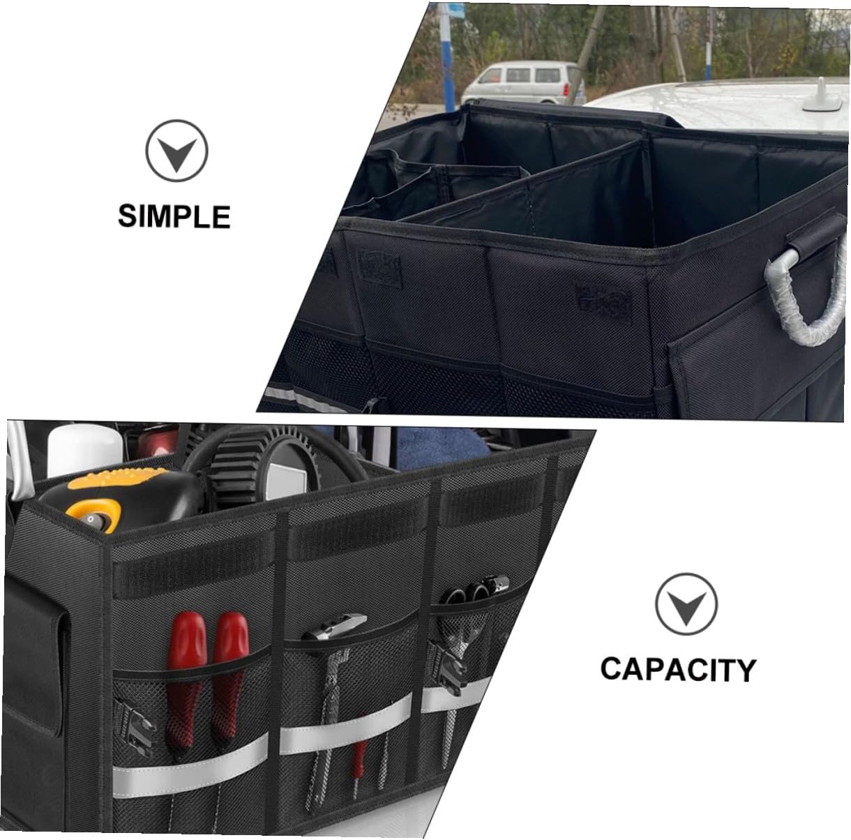 POPETPOP Car Trunk Organizer Collapsible Storage Box Black, Multi-compartment Car Storage Holder for Vehicle Cargo and Auto Trunk Organization