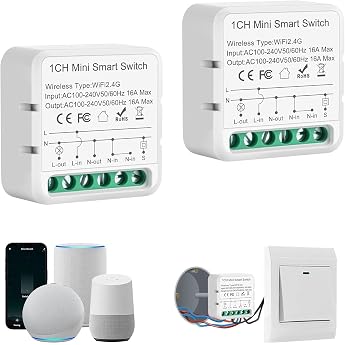 UseeLink Alexa Light Switch 2.4G WiFi Switch Modules Mini Smart Switch Compatible with Voice Assistant Alexa Smart Life Tuya Built-in Light Switch Neutral Conductor Required 1 Way Pack of 2