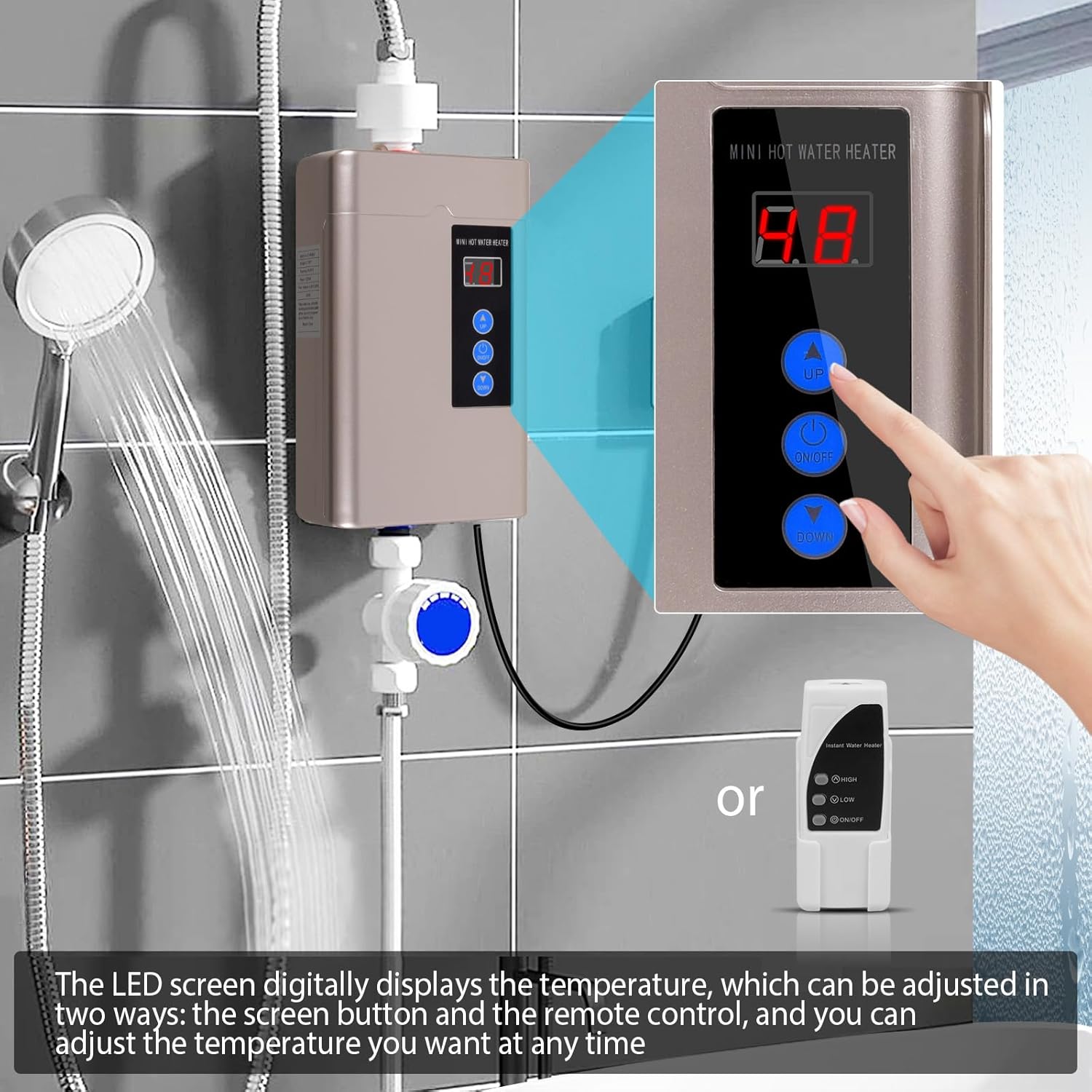 Electric Tankless Water Heater, Small Instant Hot Water Heater for Kitchen Sink, 3000W 110V, With LCD Digital Display (Golden Inverter)