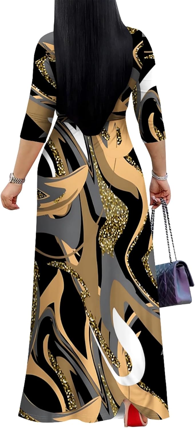 Women's Print Maxi Dresses 3/4 Sleeves Flowy Long Dress V Neck Wrap Tie Waist Sundress(Colorful24 3XL) - Image 3