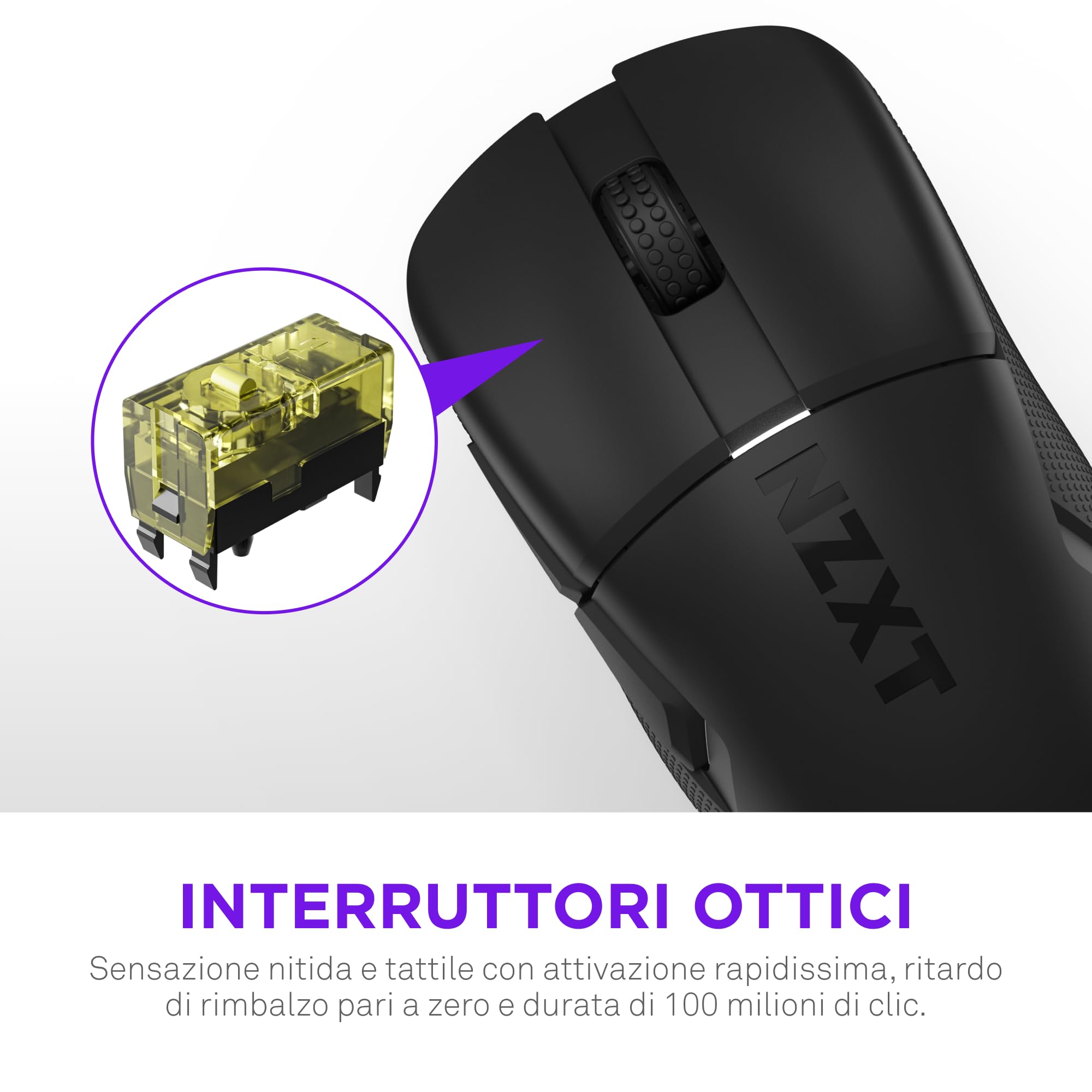 NZXT Lift Elite Wireless Gaming Mouse – Ultra leggero 57 g – 4K/8K Polling Rates, Switch ottici, Sensore ottico 26K DPI – Lunga durata della batteria – Grip laterali in gomma – Nero