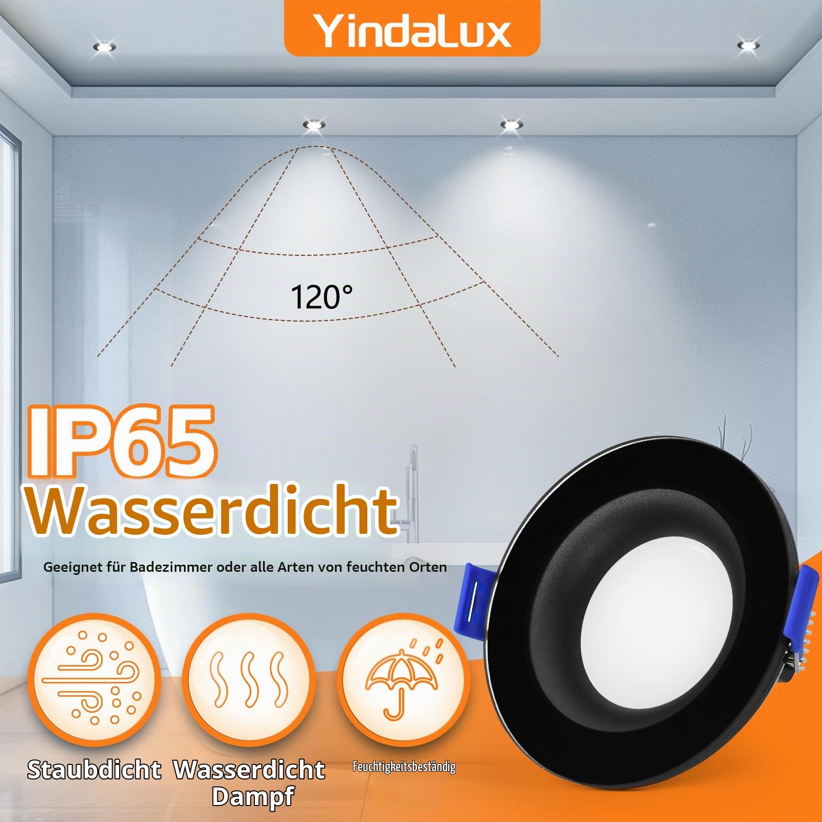 YindaLux LED Einbaustrahler 230V Dimmbar Flach LED Spots 5W IP65 Deckenspots Warmweiß Neutralweiß Kaltweiß Einbauleuchten 68mm 500LM Einbauspots für Badzimmer Wohnzimmer Rund Led Spot Schwarz, 6er Set