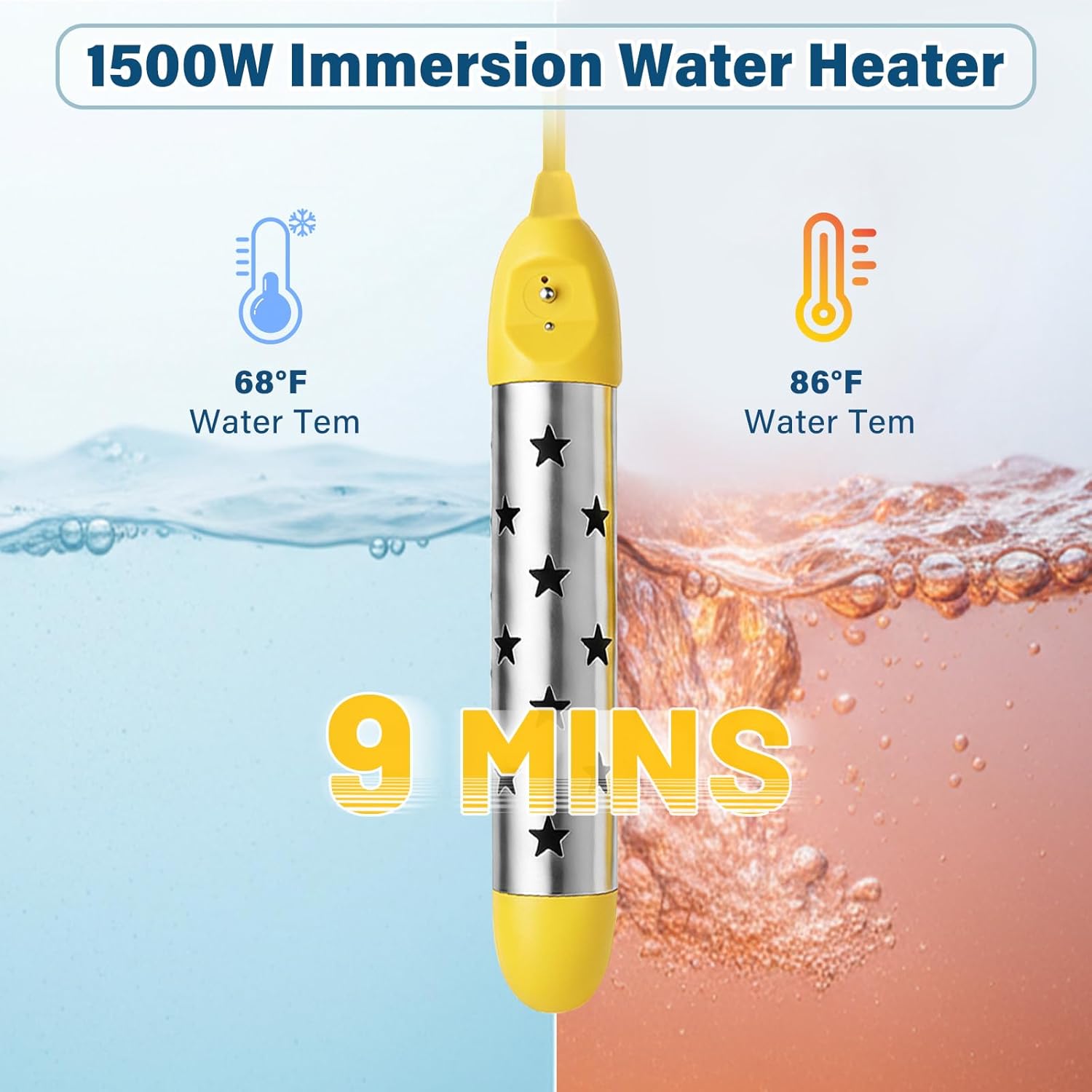 Immersion Water Heater 1500W, Portable Submersible Water Heater with Intelligent Temperature Control, Stainless Steel & Dry-Burn Protection, for Bathtubs, Hot Tubs, Pools, Buckets