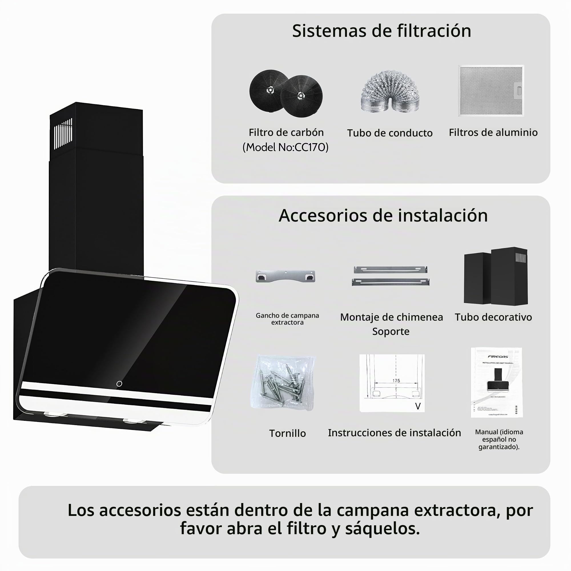 FIREGAS Campana extractora 60cm, Extractor inclinado, Motor sin escobillas, Bajo Consumo, 9 velocidades, 578m³/h, LEDs, Recirculante y Extracción, Incluye filtro de carbón