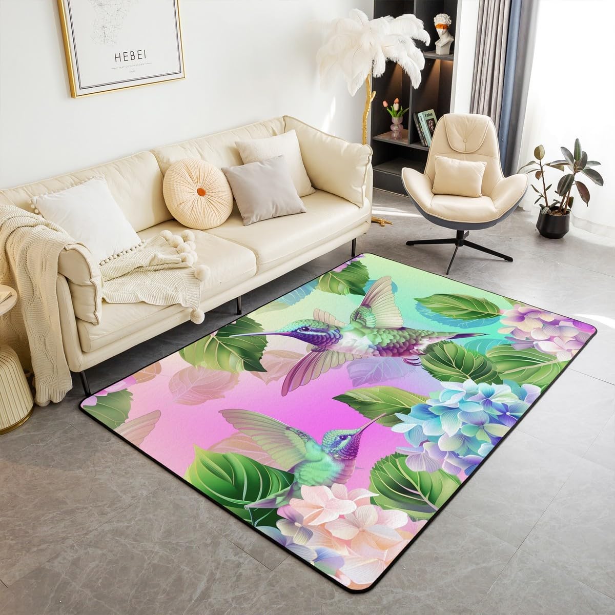 Feelyou Cherry Blossoms Area Rug 5x7 Kids Bird Decorative Rug for Boys Girls Teens Floral Botanical Branches Living Room Rugs Nature Theme Indoor Floor Mat