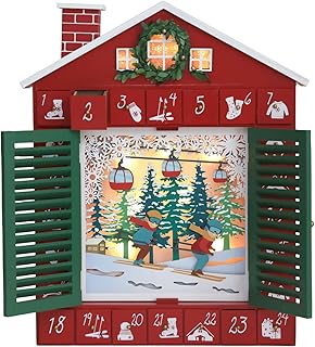 PIONEER-EFFORT Wooden Christmas Advent Calendar with LED Lights – 24 Countdown Drawers and Ski-Themed, Light-Up Chalet Design, Battery Operated, 15.1"x2.4"x18.3"