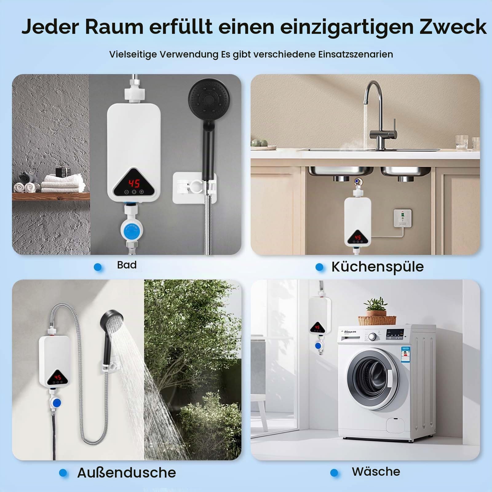Elektronischer Durchlauferhitzer, 220 V 5500 W Mini Durchlauferhitzer, 30–55 °C, einstellbare Temperatur, Elektrische Warmwasserbereiter Tankloser mit LED-Anzeige für Küche, Badezimmer (RYK-009)