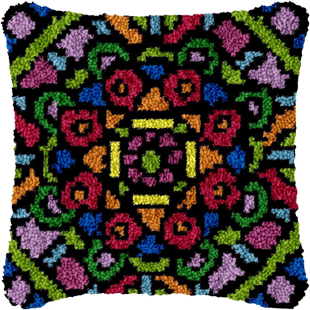 Yglnden Latch Hook Kit Pillow DIY Throw Cover Crochet Needlework Printed Canvas Decor for Adults (Flower 1:43x43cm/17 X17)