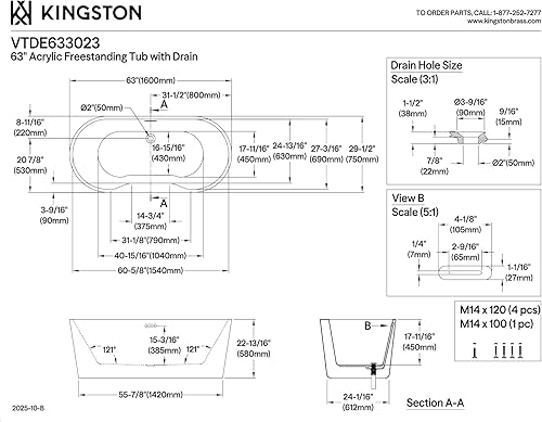 Miniatura 7 de Kingston Brass VTDE633023 Aqua Eden - Tina independiente acrílica de 63 pulgadas con drenaje, color blanco brillante
