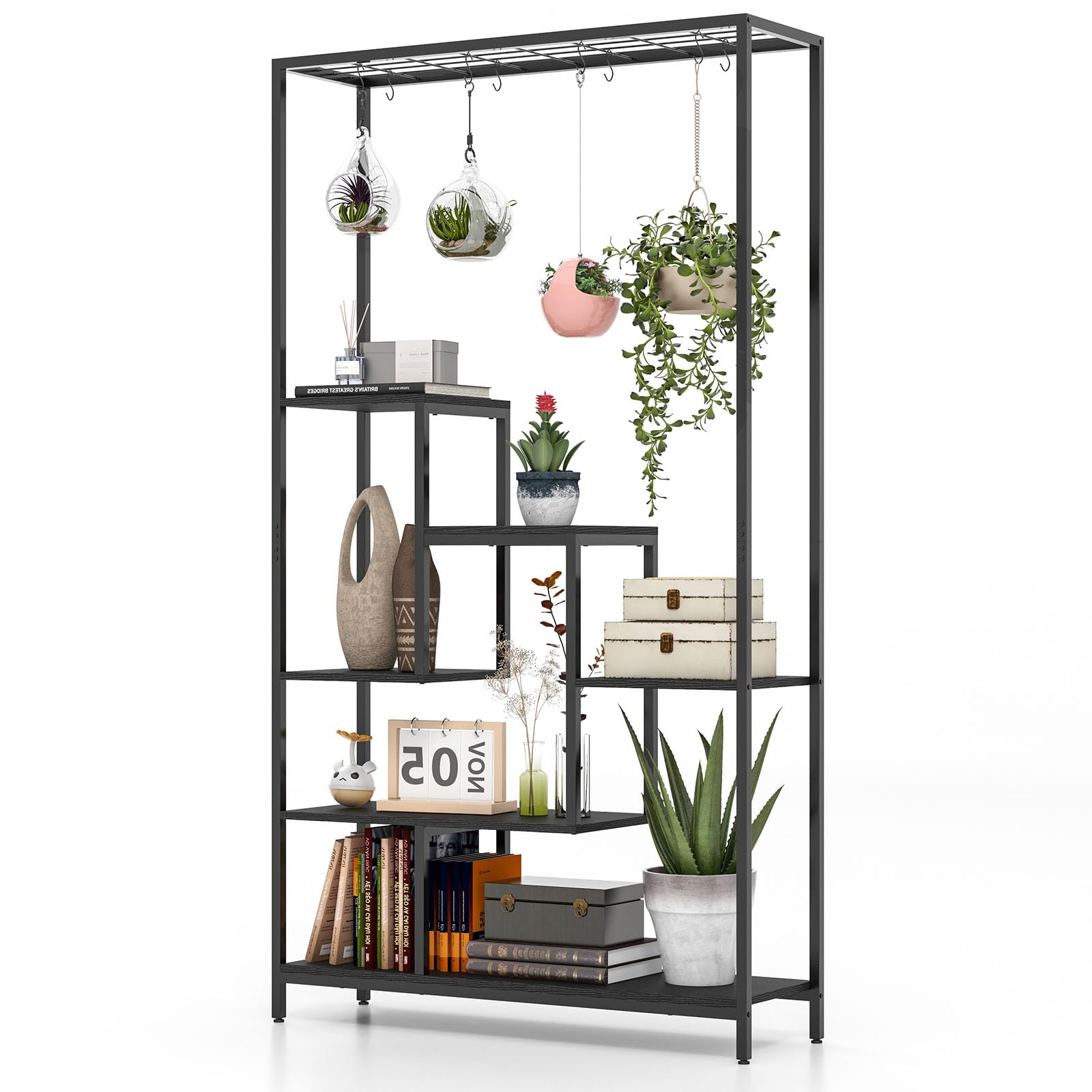 HOMASIS Pflanzenregal groß, Blumenregal mit 6 Etagen, Pflanzenständer mit 10 Haken & Gitter, Blumenständer aus Metall, Blumentreppen Mehrzweckregal für Wohnzimmer, Balkon, 100x30x180cm (Schwarz)