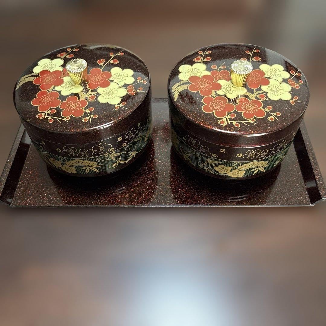 漆器 花柄 椀セット 2つとトレイ