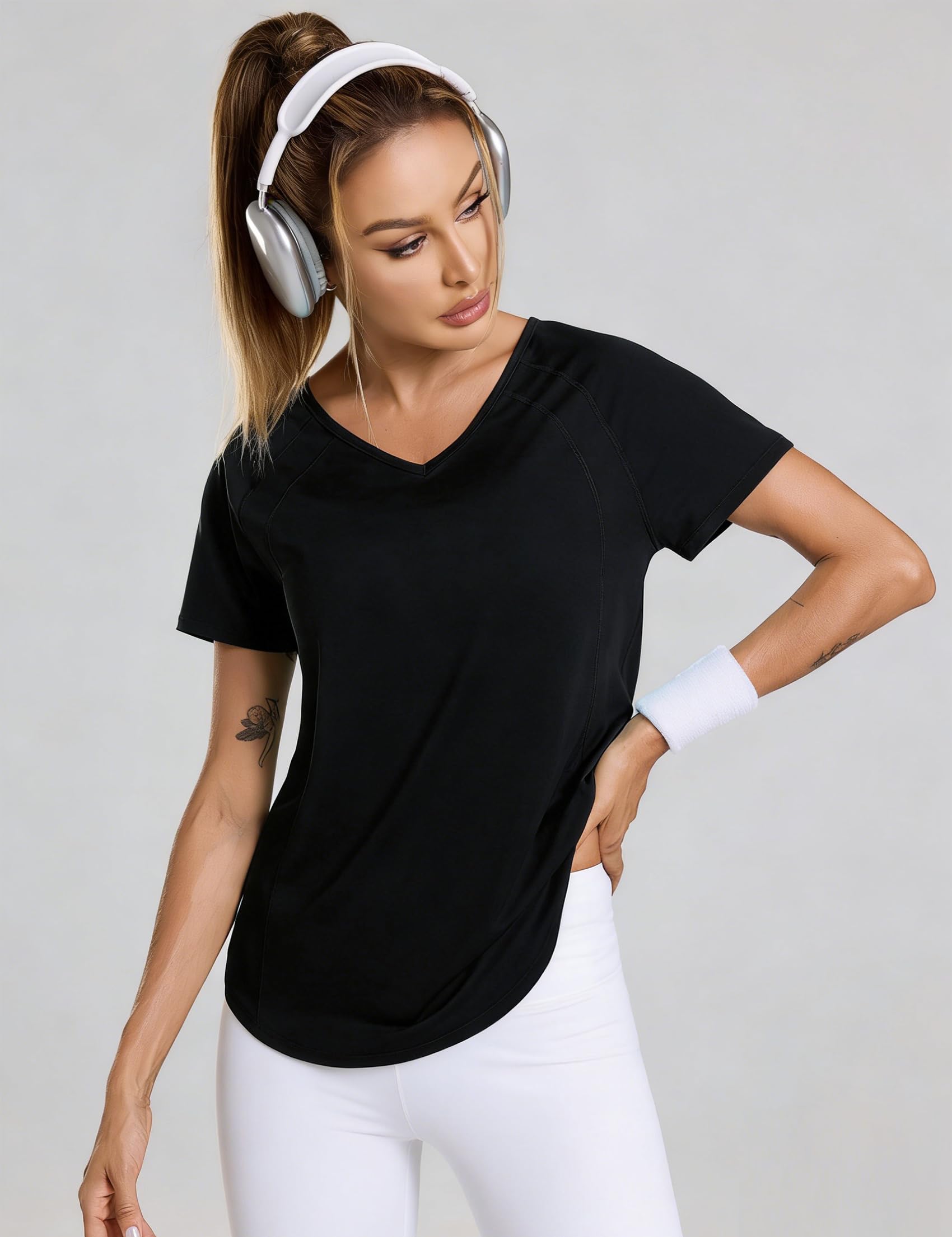 Camiseta Deportiva Manga Corta Mujer Camisetas Deporte Cuello en V Fitness Yoga Top Transpirable y Secado Rápido Ropa Entrenamiento Atlético S-3XL