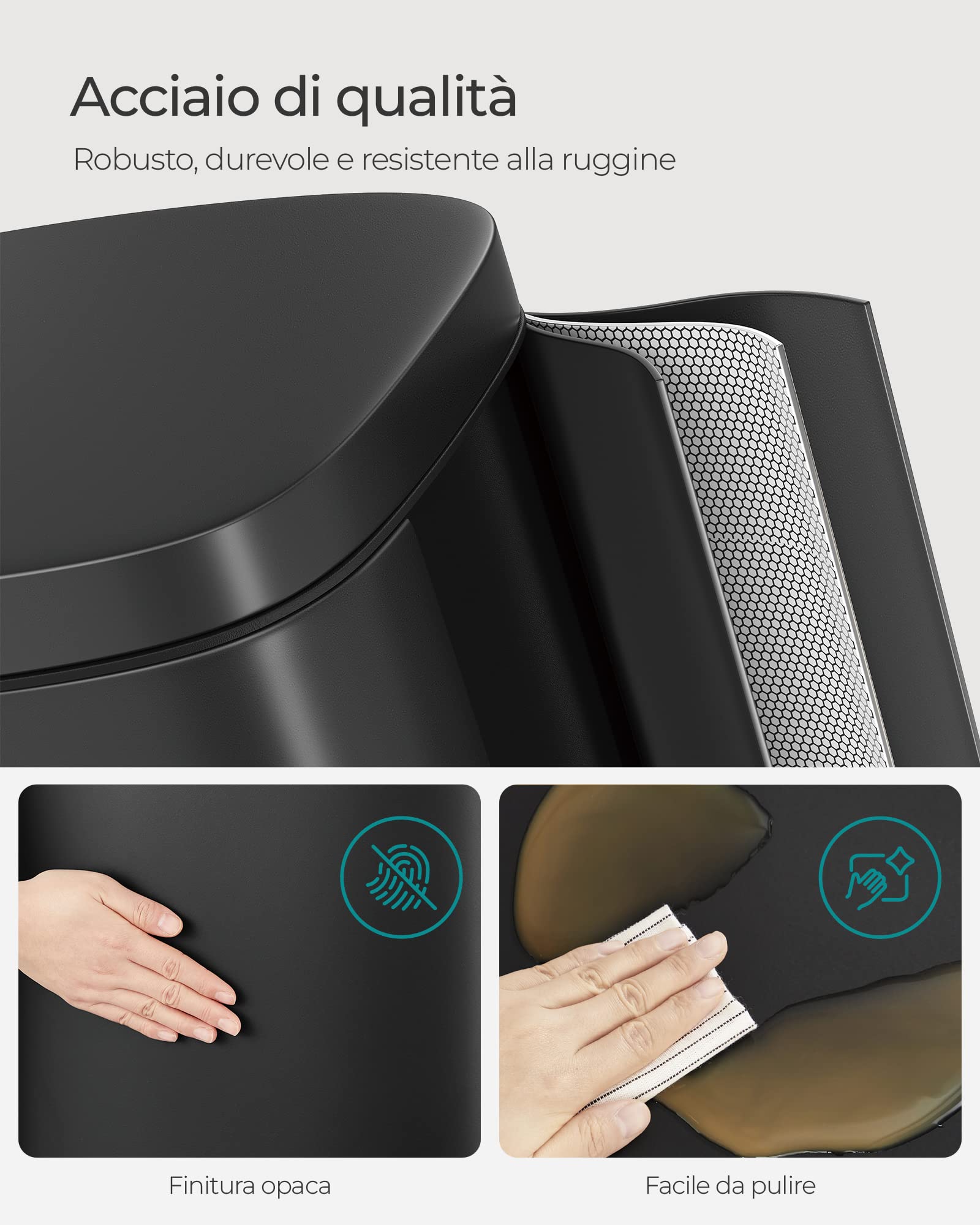 SONGMICS Pattumiera da cucina da 30 litri, pattumiera a pedale, chiusura rallentata, pedale, acciaio, secchio interno, nero, LTB03BK
