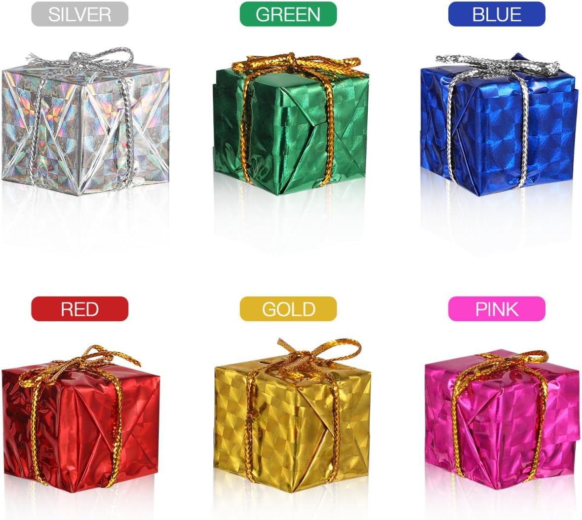 ULTECHNOVO 24Pcs Mini Christmas Tree Ornaments, Small Gift Box Hanging Decorations, Colorful Foil Present Boxes, Tiny Fake Wrapped Ornament for Holiday Craft & Party Decor, 0.94 Inch