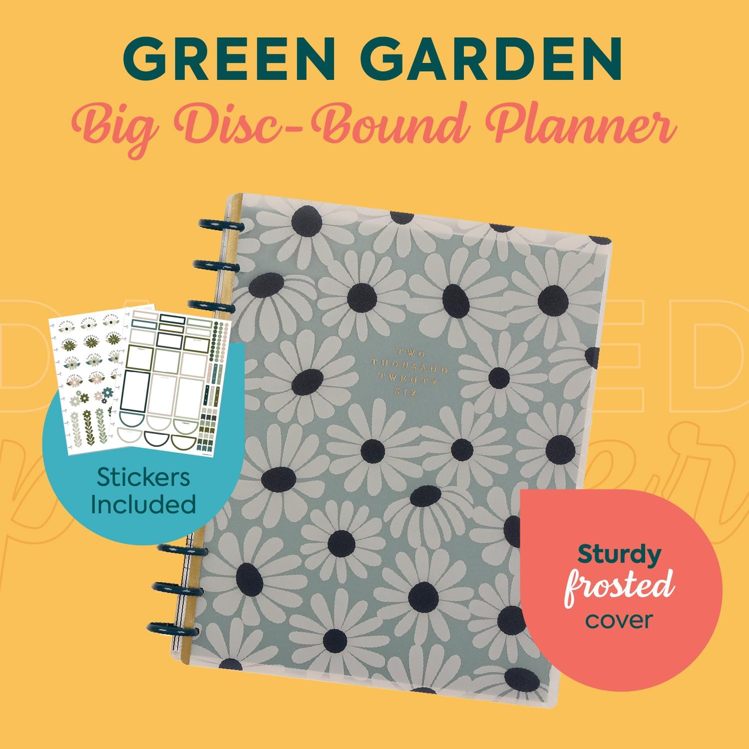 Happy Planner Disc-Bound Planner Jan.–Dec. 2026, Includes 3 Extra Months and 2 Sticker Sheets, Big Size, 8.5 x 11, Horizontal Layout, Green Garden