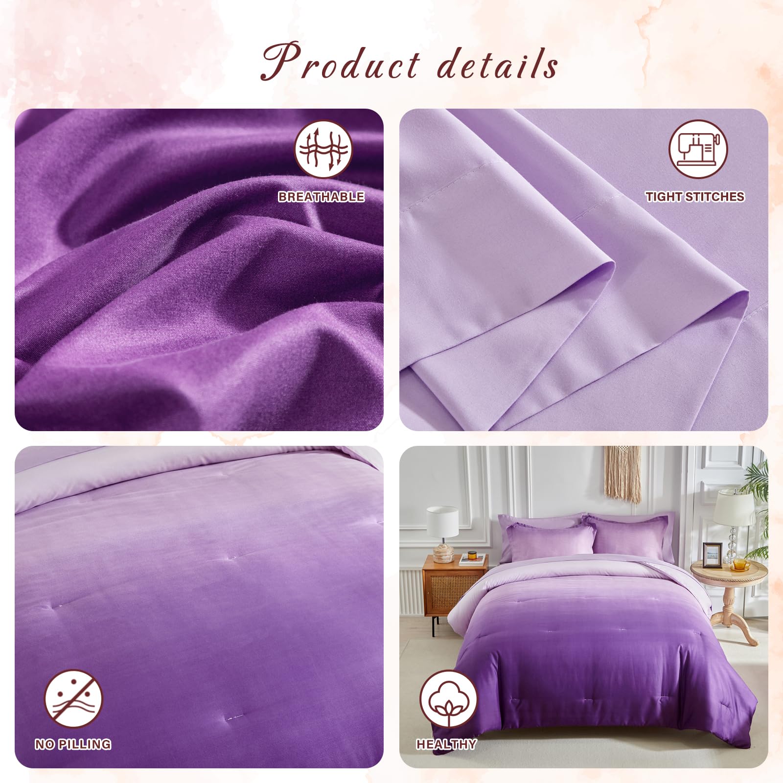 Purple and Lilac Gradient Comforter Set Queen Size 7 Pieces Elegant Ombre Bed in a Bag - Reversible All Season Bedding Set with Comforter, Flat Sheet, Fitted Sheet, 2 Pillowcases & 2 Pillow Shams
