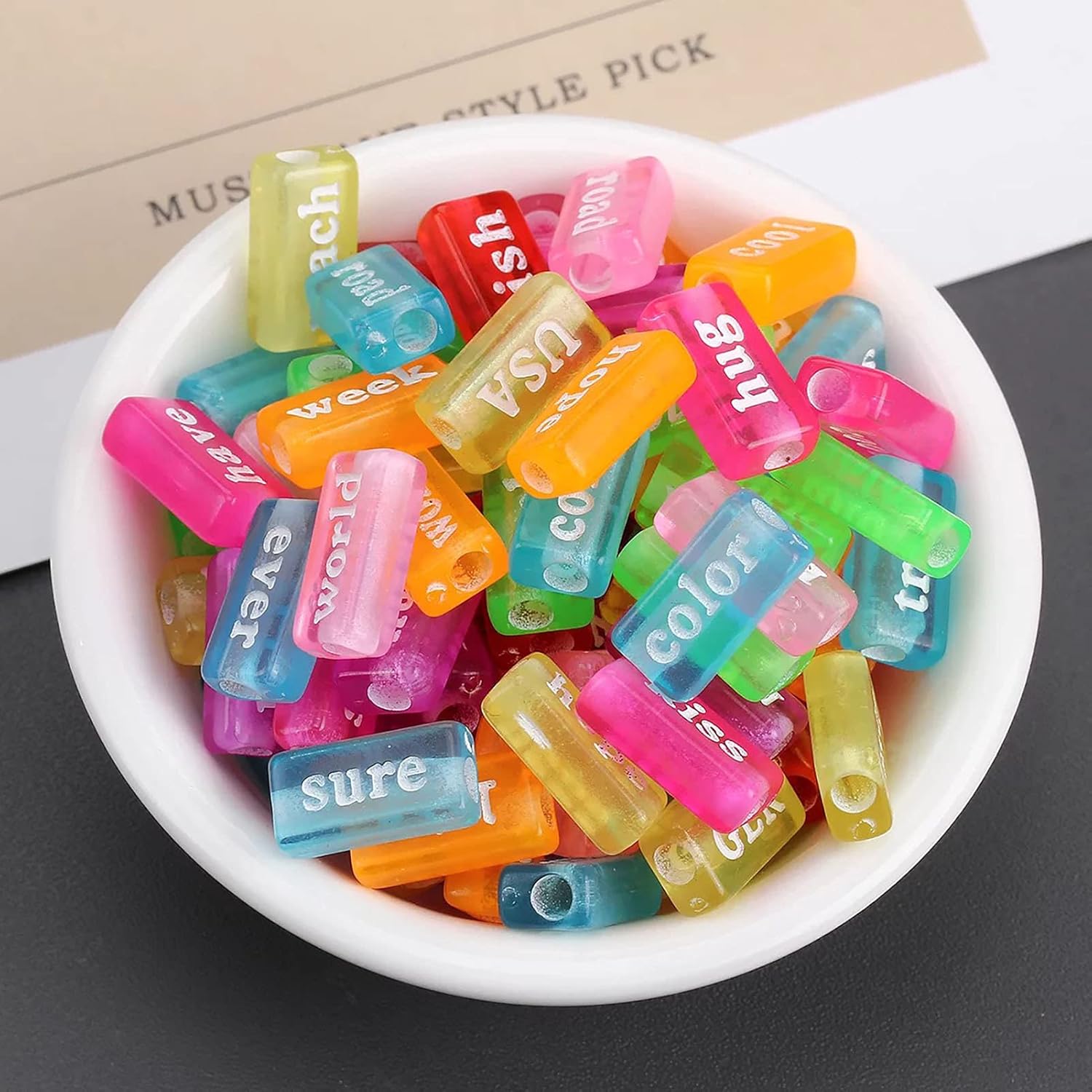 300pcs Transparent Acrylic Phrase Beads Randomly Mixed White Letter Pattern Word Beads Colourful Loose Spacer Beads for DIY Necklace Bracelet Jewelry Making, Colorful, White Letter