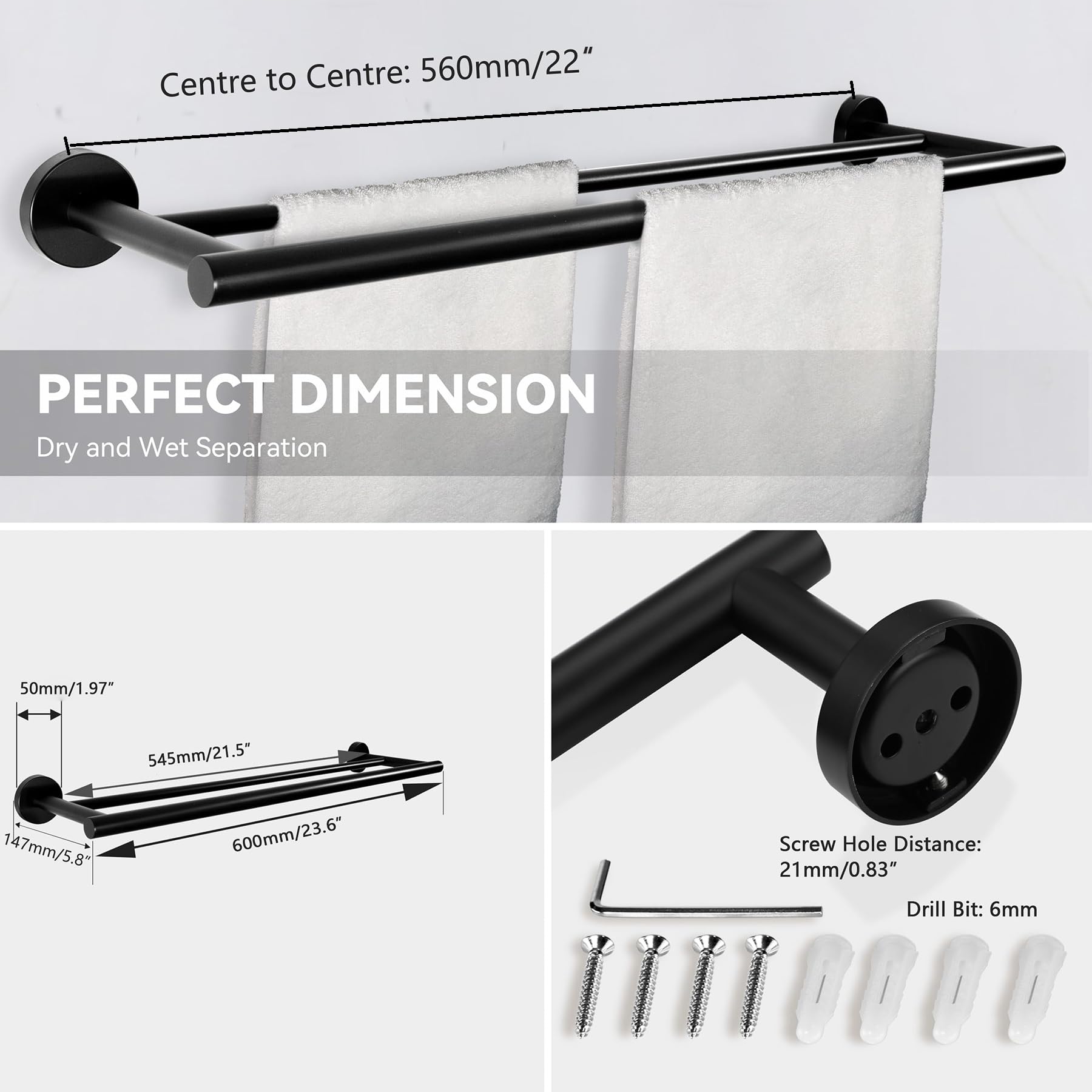 SEIDO Juego de accesorios de baño negro, juego de accesorios de baño SUS 304 de acero inoxidable doble barra de toalla para pared de baño de 24 pulgadas, toallero negro, 4 piezas
