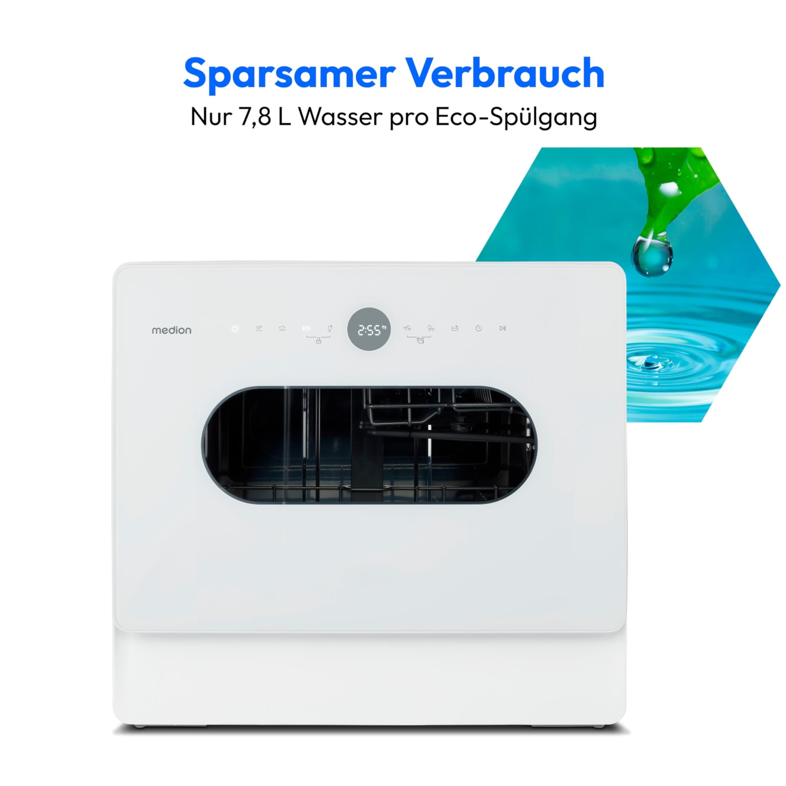 MEDION Mini Geschirrspüler DWT51 Tischgeschirrspüler mit Touch-Bedienfeld 5 Maßgedecke 7 Reinigungsprogramme weiß