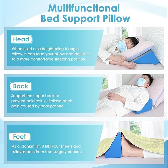 Bed Wedge Pillow For Sleeping Seniors Post Surgery Incline Pillow Bedsore Pressure Relief Cushions For Butt Lifting Patient Turning Triangle Foam Wedges For Bed Positioning Body Back Support (Blue)