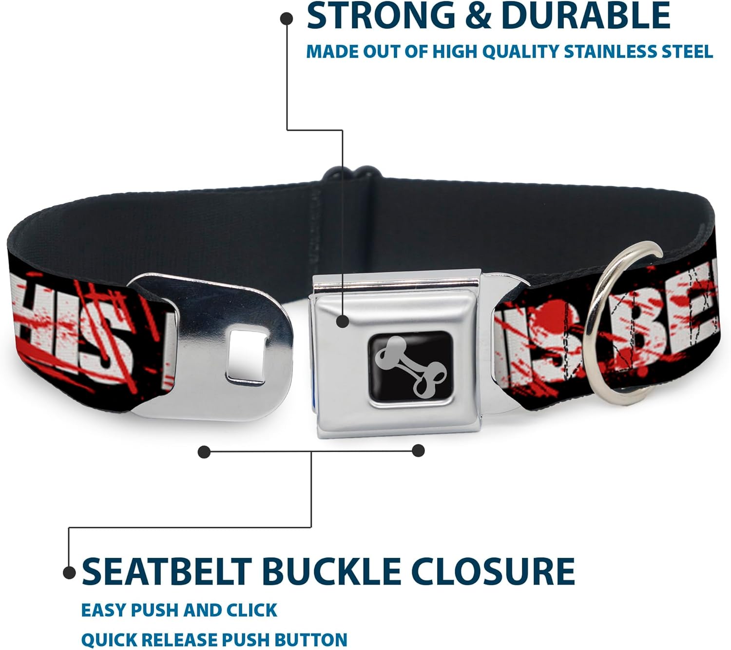 Buckle-Down Seatbelt Buckle Dog Collar - ZOMBIES RUINED THIS BELT Black/White/Red Splatter - 1" Wide - Fits 11-17" Neck - Medium