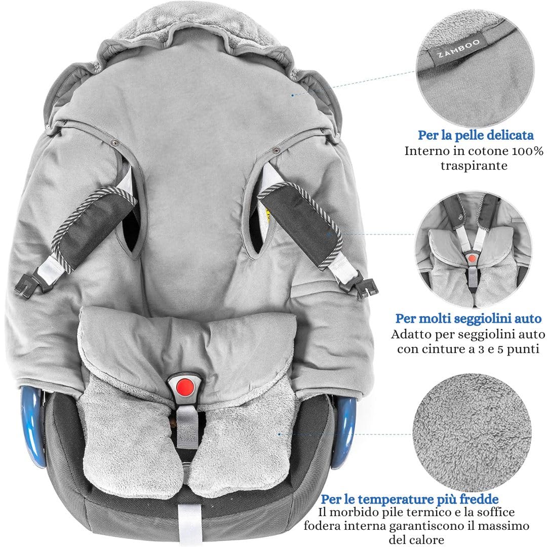 Zamboo Copertina Neonato Invernale con Piedini - Coperta Ovetto Neonato per Seggiolino Auto e Passeggino - Con Borsa - Grigio