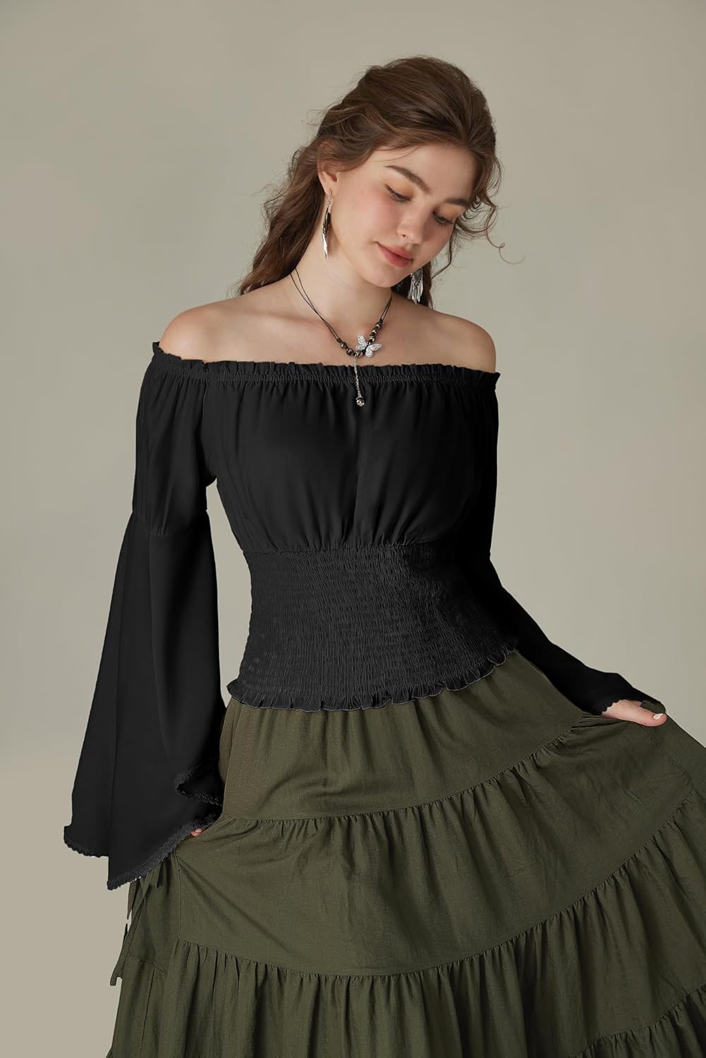 Scarlet Darkness Women Bell Sleeve Smocked Top Off The Shoulder Peasant Blouse Renaissance Pirate Shirt - Image 4